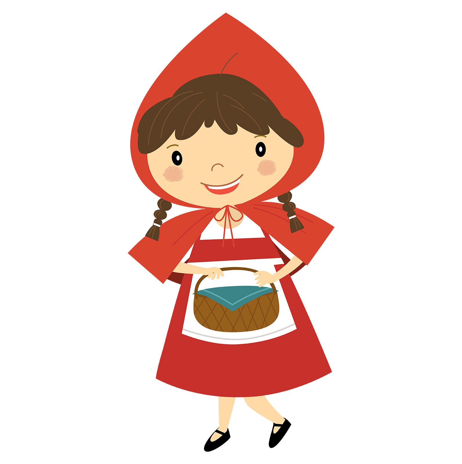Ilustracja przedstawia dziewczynkę w czerwonej sukience i pelerynce z kapturkiem. W ręku trzyma koszyczek.