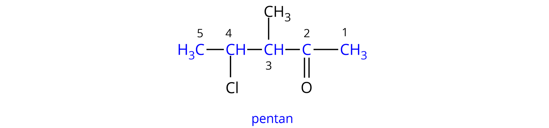 Ilustracja przedstawia wzór ketonu. Atom węgla grupy karbonylowej połączony jest za pomocą wiązania podwójnego z atomem tlenu oraz za pomocą wiązań pojedynczych z grupą metylową CH3 oraz z grupą CH, która to łączy się za pomocą wiązań pojedynczych z grupą metylową CH3 oraz z kolejną grupą CH podstawioną atomem chloru Cl oraz grupą metylową CH3. W cząsteczce ponumerowano atomy węgla tak, że atom węgla grupy metylowej CH3 ma lokant pierwszy i łączy się z węglem C 2 należącym do grupy karbonylowej. Dalej atom C 2 łączy się z atomem C 3 w grupie CH, ten zaś z atomem C 4 drugiej grupy  CH w cząsteczce, która łączy się z ostatnim atomem węgla C 5 w grupie metylowej CH3. Po ustaleniu numeracji poszczególnych atomów w cząsteczce zapisano poniżej nazwę alkanu, z którego wywodzi się omawiany keton. 