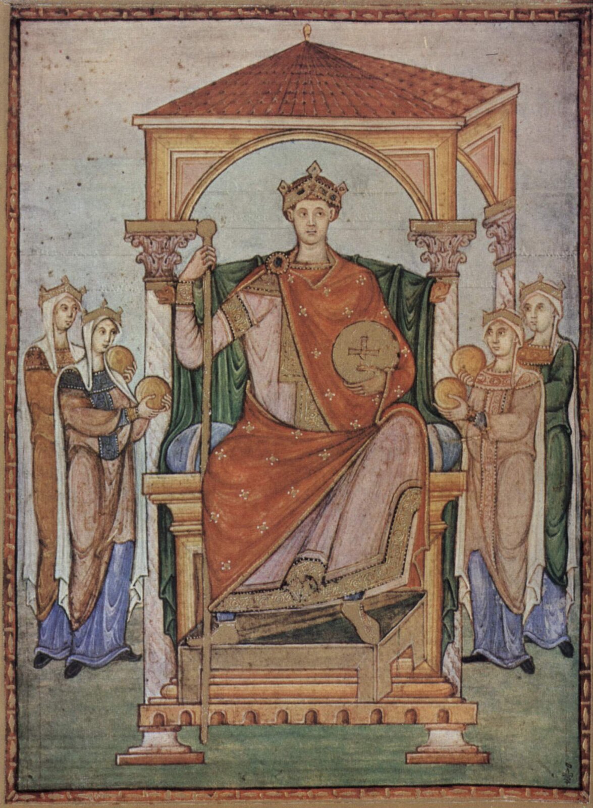 Miniatura, przedstawiająca cesarza Ottona III na tronie, z berłem w prawej dłoni i jabłkiem z krzyżem greckim wpisanym w okrąg w lewej dłoni. Cesarz nosi na głowie diadem cesarski. Tron usadowiony jest pod zadaszeniem z widoczną kolumnadą i wykończeniem filarów w porządku korynckim. Po obu stronach cesarza kobiety, odziane w szaty z diademami na głowach, trzymają w dłoniach złote monety, niesione w darze cesarzowi. Ilustracja z epoki. 