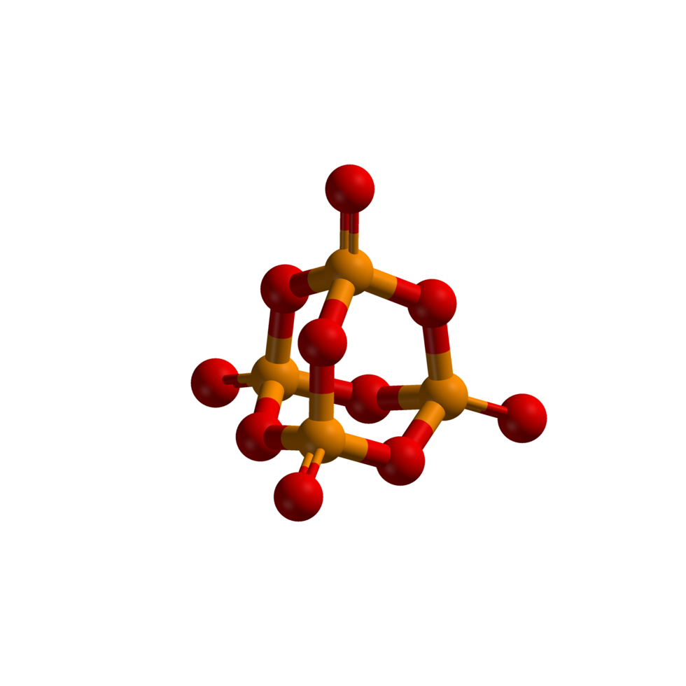 Ilustracja budowy cząsteczki dekatlenku tetra fosforu w postaci wzoru strukturalnego o wyglądzie bazowanym na modelu zaprezentowanym na ilustracji poprzedniej. Każdy atom fosforu jest połączony z czterema atomami tlenu ułożonymi w narożach tetraedru. Trzy z czterech atomów tlenu łączą się jednocześnie z drugim atomem fosforu.