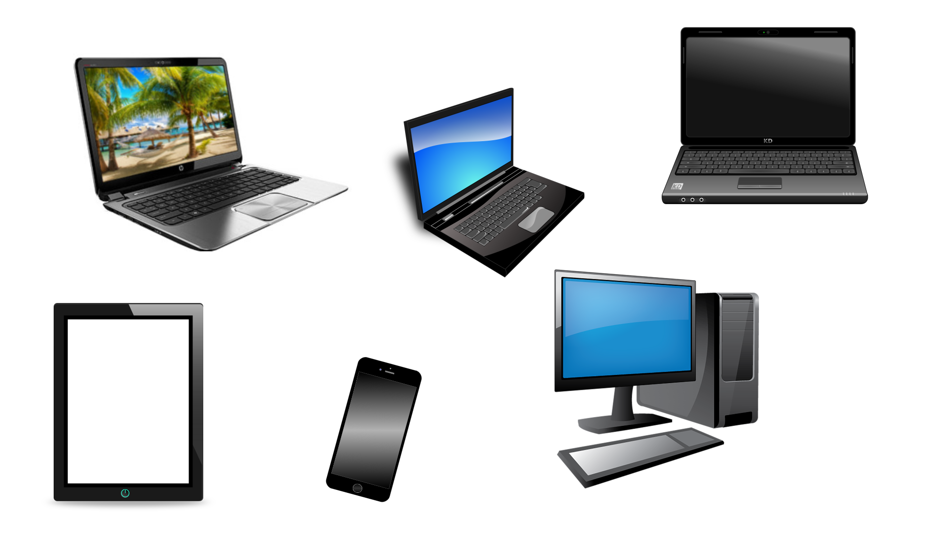Ilustracja przedstawia sześć grafik przedstawiających  różne typy komputerów. Grafiki ułożone są w dwóch rzędach po trzy sztuki.  Pierwsze urządzenie od lewej strony to lekka i smukła odmiana laptopa, charakteryzująca się długą żywotnością baterii. Środkowe urządzenie w górnym rzędzie to mały, przenośny komputer osobisty, zazwyczaj tańszy i lżejszy od tradycyjnego laptopa, przeznaczony do przeglądania Internetu, wideorozmów, aplikacji online oraz prac biurowych w podróż. Trzecie urządzenie w górnym rzędzie  stronie to rodzaj przenośnego komputera osobistego, inaczej nazywany laptopem. W dolnym rzędzie od lewej strony pierwsze urządzenie to komputer przenośny o rozmiarach większych niż smartfon, wyposażony w duży ekran dotykowy, nie posiada fizycznej klawiatury, użytkownik posługuje się klawiaturą wirtualną, dotykając bezpośrednio ekran. Środkowe urządzenie w dolnym rzędzie to przenośne urządzenie łączące w sobie funkcje telefonu komórkowego i komputera przenośnego, umożliwia obsługę poczty elektronicznej, przeglądarki sieciowej, pagera, GPS, jak również cyfrowego aparatu fotograficznego, dyktafonu i kamery wideo.  Trzecie urządzenie w dolnym rzędzie  to komputer osobisty składający się z jednostki centralnej, monitora, klawiatury. Nazwij opisane urządzenia. 