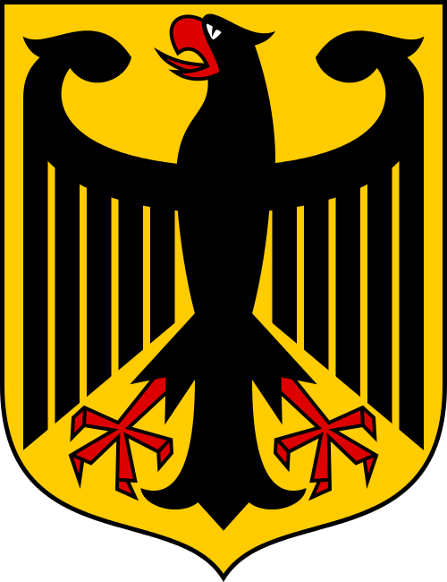 Grafika przedstawiająca Godło Zachodnich Niemiec. Czarny orzeł z czerwonymi elementami na żółtym tle.