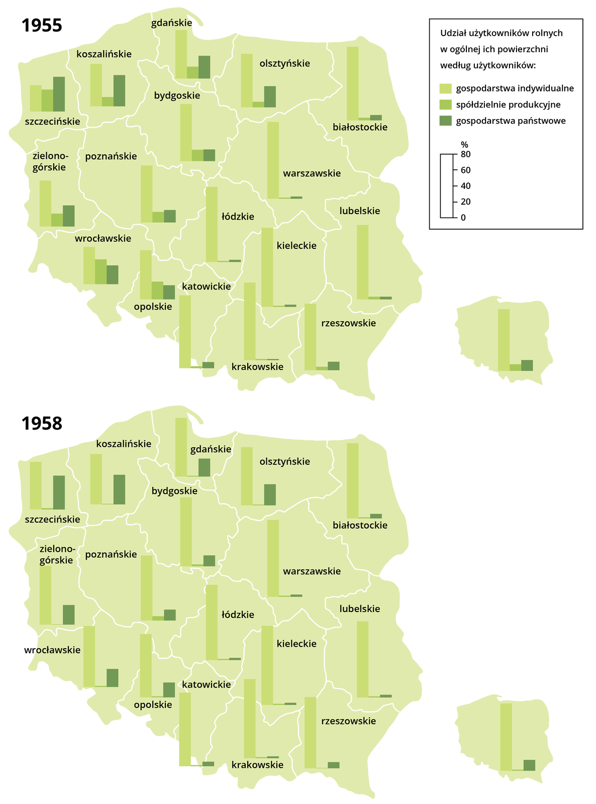 Ilustracja przedstawia dwie grafiki wskazujące udział użytkowników rolnych w ogólnej ich powierzchni według użytkowników w poszczególnych województwach. Na każdej z grafik w formie wykresu słupkowego wskazane są wielkości udziału 1. gospodarstw indywidualnych, 2. spółdzielni produkcyjnych, 3. gospodarstwa państwowe w dwóch latach – 1955 i 1958 na mapie Polski z podziałem na województwa. Rok 1955. Województwo szczecińskie: gospodarstwa indywidualne: średni udział, spółdzielnie produkcyjne: średni udział, gospodarstwa państwowe: najwyższy udział. Województwo koszalińskie: gospodarstwa indywidualne: wysoki udział, spółdzielnie produkcyjne: niski udział, gospodarstwa państwowe: średni udział. Województwo gdańskie: gospodarstwa indywidualne: wysoki udział, spółdzielnie produkcyjne: niski udział, gospodarstwa państwowe: średni udział. Województwo olsztyńskie: gospodarstwa indywidualne: wysoki udział, spółdzielnie produkcyjne: niski udział, gospodarstwa państwowe: średni udział. Województwo białostockie: gospodarstwa indywidualne: bardzo wysoki udział, spółdzielnie produkcyjne: bardzo niski udział, gospodarstwa państwowe: niski udział. Województwo warszawskie: gospodarstwa indywidualne: bardzo wysoki udział, spółdzielnie produkcyjne: bardzo niski udział, gospodarstwa państwowe: bardzo niski udział. Województwo bydgoskie: gospodarstwa indywidualne: bardzo wysoki udział, spółdzielnie produkcyjne: niski udział, gospodarstwa państwowe: niski udział. Województwo poznańskie: gospodarstwa indywidualne: bardzo wysoki udział, spółdzielnie produkcyjne: niski udział, gospodarstwa państwowe: niski udział. Województwo zielonogórskie: gospodarstwa indywidualne: wysoki udział, spółdzielnie produkcyjne: niski udział, gospodarstwa państwowe: średni udział. Województwo wrocławskie: gospodarstwa indywidualne: średniowysoki udział, spółdzielnie produkcyjne: niski udział, gospodarstwa państwowe: średni udział. Województwo łódzkie: gospodarstwa indywidualne: bardzo wysoki udział, spółdzielnie produkcyjne: bardzo niski udział, gospodarstwa państwowe: bardzo niski udział. Województwo opolskie: gospodarstwa indywidualne: bardzo wysoki udział, spółdzielnie produkcyjne: niski udział, gospodarstwa państwowe: niski udział. Województwo katowickie: gospodarstwa indywidualne: bardzo wysoki udział, spółdzielnie produkcyjne: bardzo niski udział, gospodarstwa państwowe: bardzo niski udział. Województwo kieleckie: gospodarstwa indywidualne: bardzo wysoki udział, spółdzielnie produkcyjne: bardzo niski udział, gospodarstwa państwowe: bardzo niski udział. Województwo krakowskie: gospodarstwa indywidualne: bardzo wysoki udział, spółdzielnie produkcyjne: bardzo niski udział, gospodarstwa państwowe: bardzo niski udział. Województwo lubelskie: gospodarstwa indywidualne: bardzo wysoki udział, spółdzielnie produkcyjne: bardzo niski udział, gospodarstwa państwowe: bardzo niski udział. Województwo rzeszowskie: gospodarstwa indywidualne: bardzo wysoki udział, spółdzielnie produkcyjne: bardzo niski udział, gospodarstwa państwowe: niski udział. Rok 1958. Województwo szczecińskie: gospodarstwa indywidualne: średniowysoki udział, spółdzielnie produkcyjne: bardzo niski udział, gospodarstwa państwowe: średni udział. Województwo koszalińskie: gospodarstwa indywidualne: średniowysoki udział, spółdzielnie produkcyjne: bardzo niski udział, gospodarstwa państwowe: średni udział. Województwo gdańskie: gospodarstwa indywidualne: bardzo wysoki udział, spółdzielnie produkcyjne: bardzo niski udział, gospodarstwa państwowe: średni udział. Województwo olsztyńskie: gospodarstwa indywidualne: bardzo wysoki udział, spółdzielnie produkcyjne: bardzo niski udział, gospodarstwa państwowe: średni udział. Województwo białostockie: gospodarstwa indywidualne: bardzo wysoki udział, spółdzielnie produkcyjne: bardzo niski udział, gospodarstwa państwowe: niski udział. Województwo warszawskie: gospodarstwa indywidualne: bardzo wysoki udział, spółdzielnie produkcyjne: bardzo niski udział, gospodarstwa państwowe: niski udział. Województwo bydgoskie: gospodarstwa indywidualne: bardzo wysoki udział, spółdzielnie produkcyjne: bardzo niski udział, gospodarstwa państwowe: niski udział. Województwo poznańskie: gospodarstwa indywidualne: bardzo wysoki udział, spółdzielnie produkcyjne: bardzo niski udział, gospodarstwa państwowe: niski udział. Województwo zielonogórskie: gospodarstwa indywidualne: bardzo wysoki udział, spółdzielnie produkcyjne: bardzo niski udział, gospodarstwa państwowe: średni udział. Województwo wrocławskie: gospodarstwa indywidualne: bardzo wysoki udział, spółdzielnie produkcyjne: bardzo niski udział, gospodarstwa państwowe: średni udział. Województwo łódzkie: gospodarstwa indywidualne: bardzo wysoki udział, spółdzielnie produkcyjne: bardzo niski udział, gospodarstwa państwowe: niski udział. Województwo opolskie: gospodarstwa indywidualne: bardzo wysoki udział, spółdzielnie produkcyjne: bardzo niski udział, gospodarstwa państwowe: niski udział. Województwo katowickie: gospodarstwa indywidualne: bardzo wysoki udział, spółdzielnie produkcyjne: bardzo niski udział, gospodarstwa państwowe: niski udział. Województwo kieleckie: gospodarstwa indywidualne: bardzo wysoki udział, spółdzielnie produkcyjne: bardzo niski udział, gospodarstwa państwowe: niski udział. Województwo krakowskie: gospodarstwa indywidualne: bardzo wysoki udział, spółdzielnie produkcyjne: bardzo niski udział, gospodarstwa państwowe: niski udział. Województwo lubelskie: gospodarstwa indywidualne: bardzo wysoki udział, spółdzielnie produkcyjne: bardzo niski udział, gospodarstwa państwowe: niski udział. Województwo rzeszowskie: gospodarstwa indywidualne: bardzo wysoki udział, spółdzielnie produkcyjne: bardzo niski udział, gospodarstwa państwowe: bardzo niski udział.