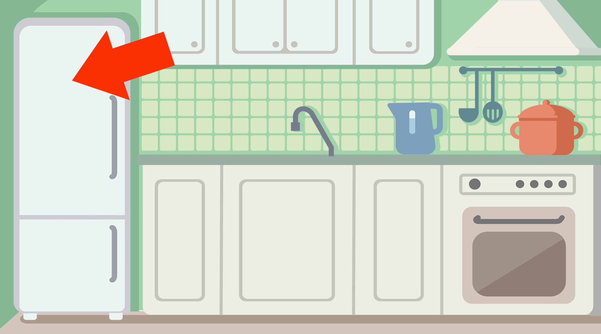 Na ilustracji znajduje się kuchnia. Strzałka wskazuje na lodówkę.
