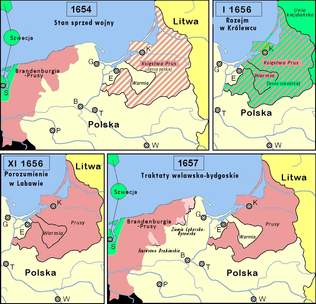 Kliknij, aby powiększyć Na ilustracji cztery mapy. Na pierwszej widać tereny na północ od Warszawy. Zaznaczone są miasta Gdańsk, Elbląg, Królewiec, Bydgoszcz, Toruń, Poznań, Warszawa, Szczecin. Mapa podpisana jest: 1654 - Stan sprzed Wojny. Tereny Szczecina i okolic należą do Szwecji, na wschód Brandenburgia, która graniczy z wielkopolską i pomorzem gdańskim. Warmia i Elbląg należy do Polski. Księstwo Prus oznaczone jako lenno polskie. Na drugiej mapie podpis I 1656 Rozejm w Królewcu. Mapa pokazuje tereny wschodnio‑północne obecnej Polski. Warmia i Królestwo Prus zostało lennem szwedzkim. Trzecia mapa podpisana jest XI 1656 Porozumienie w Labawie. Warmia oznaczona jest jako część Prus. Na czwartej mapie podpis 1657 Traktaty welawsko‑bydgoskie. Brandenburgia oznaczona jest jako pruska. Warmia wraca do Polski.