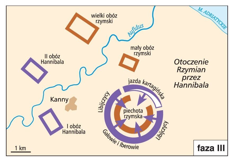 Mapa przedstawia trzecią fazę bitwy pod Kannami w 216 roku przed naszą erą. Następuje otoczenie piechoty rzymskiej przez wojska Hannibala, do których należeli Galowie i Iberowie, Libijczycy oraz jazda kartagińska. 