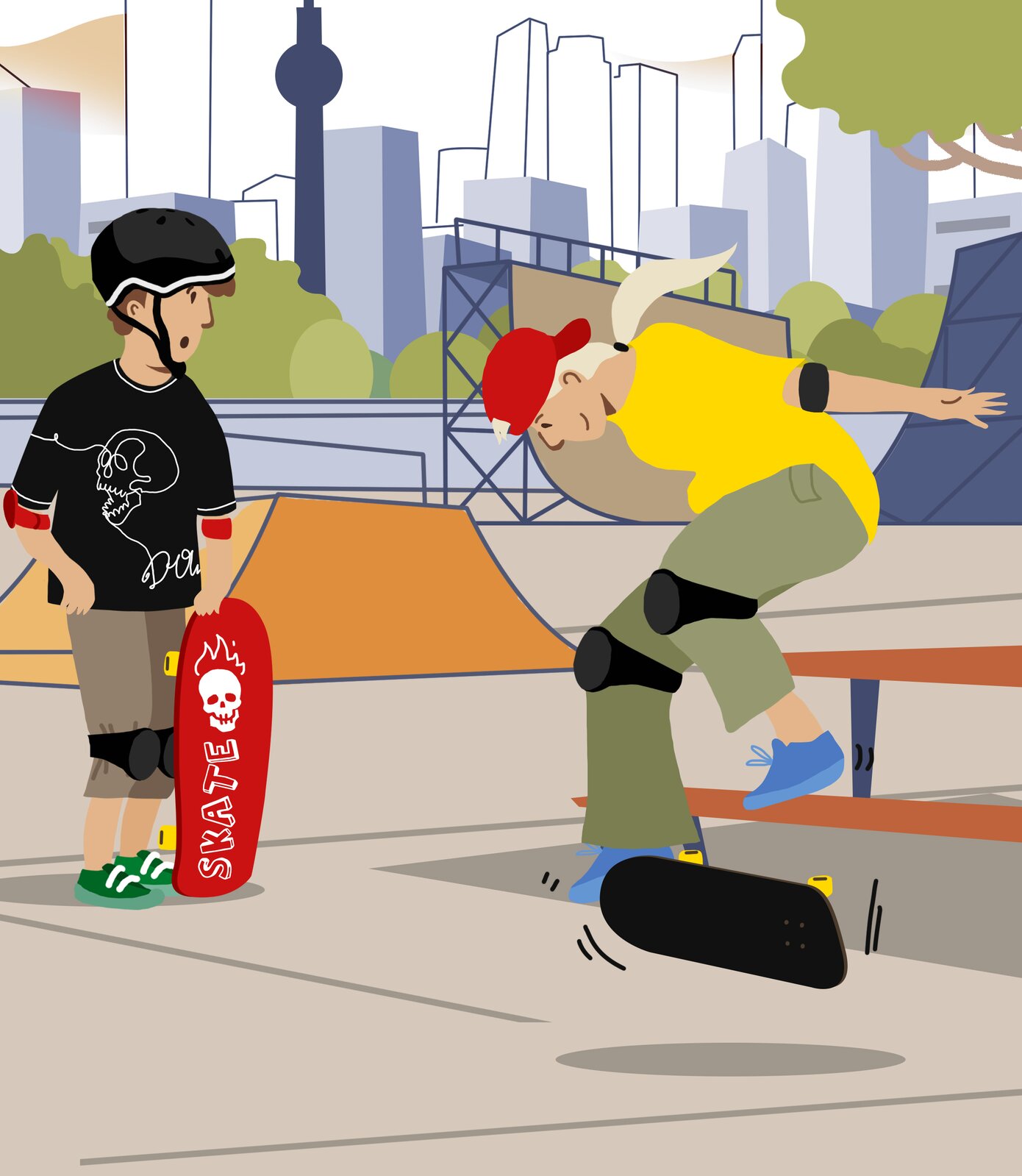 Ilustracja przedstawia dwie osoby z deskorolkami w parku.