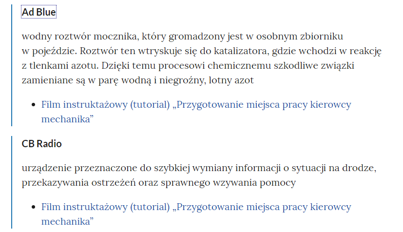 Zrzut ekranu przedstawia kilka pojęć ze Słownika. Konstrukcja jest następująca: pojęcie, poniżej jego wyjaśnienie, a pod nim znajduje się link, po którego kliknięciu użytkownik przenosi się do rozdziału w tym materiale, w którym dane pojęcie jest wykorzystywane. Linków może być jeden lub kilka, w zależności od tego, w ilu rozdziałach użyto pojęcia.
