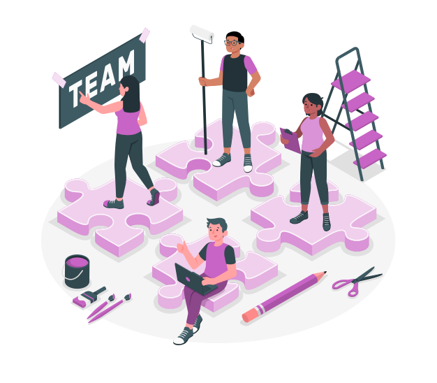 Kliknij, aby powiększyć Ilustracja przedstawia cztery osoby. Każda z nich stoi na puzzle. Każda z osób wykonuje jakąś pracę: jedna zawiesza obraz z napisem TEAM, druga trzyma wałek malarski, trzecia trzyma notatki a za nią stoi drabina, czwarta pracuje przy komputerze. Na podłodze leżą: nożyczki, ołówek, pędzle do malowania i stoi puszka farby.