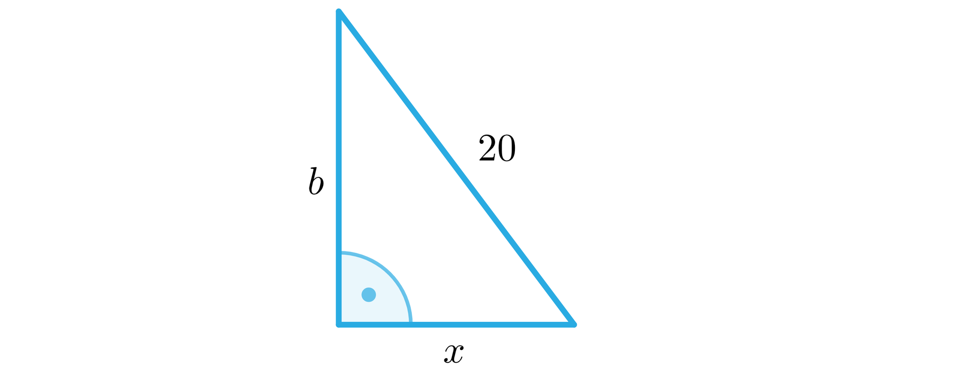 Ilustracja przedstawia trójkąt prostokątny z przyprostokątnymi o długości b oraz x oraz z przeciwprostokątną o długości dwadzieścia. 