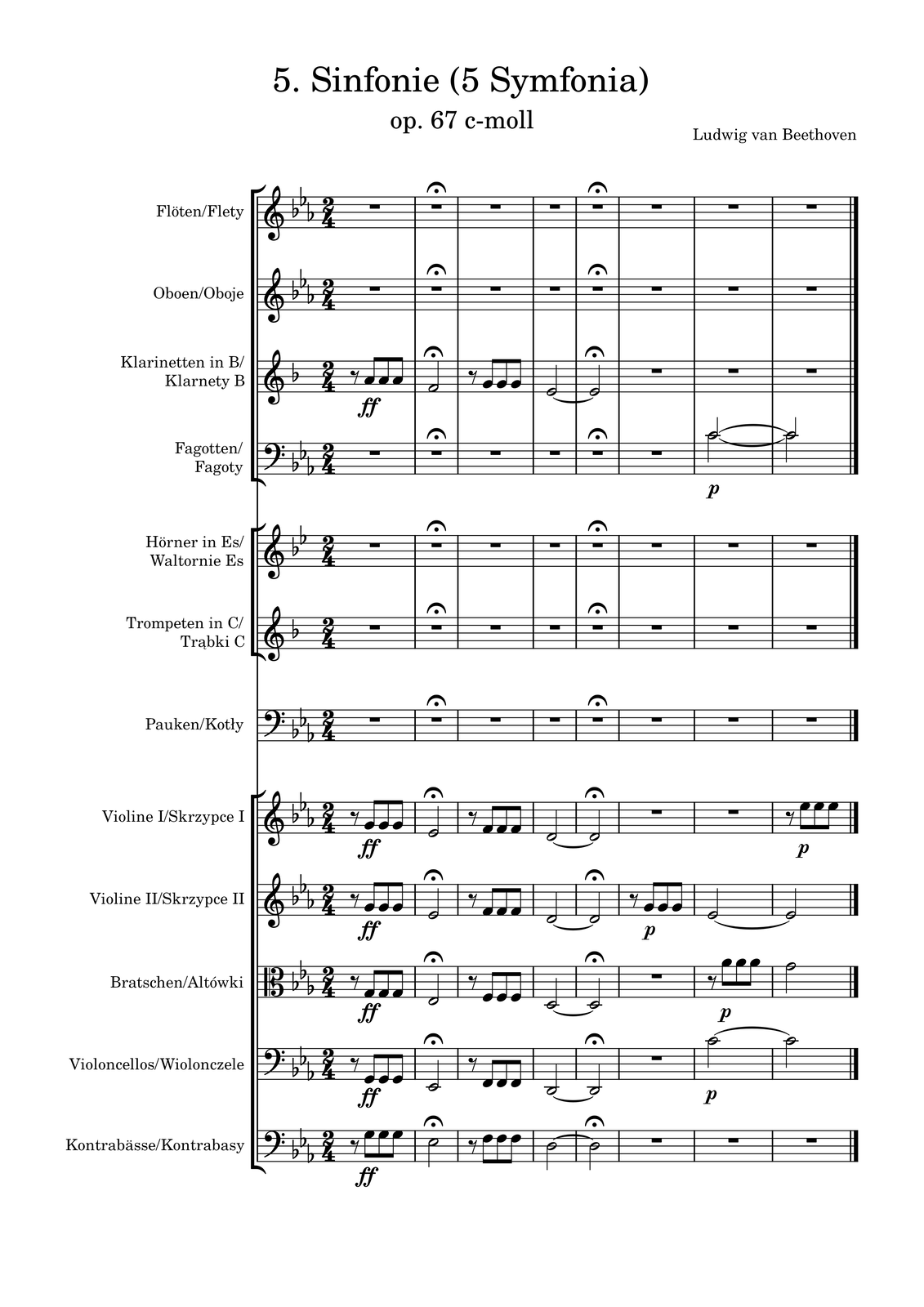 Grafika przedstawia partyturę Piątej Symfonii op. 67 c‑moll autorstwa kompozytora Ludwiga van Beethovena [czytaj: ludwika wan betowena]. W partyturze zapisano pierwszych osiem taktów utworu. Nazwy instrumentów zapisano po niemiecku oraz polsku. Utwór jest napisany w metrum dwie czwarte, w tonacji c‑moll, a przedstawione partie należą do fletów, obojów, klarnetów B, fagotów, waltorni Es, trąbek C, kotłów, pierwszych i drugich skrzypiec, altówek, wiolonczel oraz kontrabasów.
Pierwsza partia należy do fletów i została zapisana w kluczu wiolinowym. We wszystkich taktach zapisano pauzy generalne, natomiast w takcie drugim oraz takcie piątym zapisano dodatkowo fermaty.
Druga partia należy do obojów i została zapisana w kluczu wiolinowym. We wszystkich taktach zapisano pauzy generalne, natomiast w takcie drugim oraz takcie piątym zapisano dodatkowo fermaty.
Trzecia partia należy do klarnetów B i została zapisana w kluczu wiolinowym w odpowiedniej dla tych instrumentów transpozycji. Dalsze dźwięki będą podane z nazwami brzmiącymi. W pierwszym takcie na pierwszą miarę zapisano pauzę ósemkową oraz ósemkę g, natomiast na drugą miarę dwie ósemki g. Pod taktem zapisano dynamikę forte fortissimo [czytaj: forte fortessimo]. W drugim takcie grana jest półnuta es, nad którą zapisano fermatę. W takcie trzecim na pierwszą miarę zapisano pauzę ósemkową oraz ósemkę f, natomiast na miarę drugą dwie ósemki f. W czwartym takcie grana jest półnuta d, przedłużona do taktu piątego. W takcie piątym zapisano półnutę d, przedłużoną z taktu poprzedniego, nad którą dodatkowo zaznaczono fermatę. W taktach szóstym, siódmym oraz ósmym zapisano pauzy generalne.
Czwarta partia należy do fagotów i została zapisana w kluczu basowym. W taktach od pierwszego do szóstego zapisano pauzy generalne, natomiast w takcie drugim oraz takcie piątym zapisano dodatkowo fermaty. W takcie siódmym grana jest półnuta c, którą przedłużono do kolejnego taktu. Pod taktem zapisano zmianę dynamiki na piano [czytaj: pjano]. W ósmym takcie zapisano półnutę c, przedłużoną z taktu poprzedniego.
Piąta partia należy do waltorni Es i została zapisana w kluczu wiolinowym w odpowiedniej dla tych instrumentów transpozycji. We wszystkich taktach zapisano pauzy generalne, natomiast w takcie drugim oraz takcie piątym zapisano dodatkowo fermaty.
Szósta partia należy do trąbek C i została zapisana w kluczu wiolinowym w odpowiedniej dla tych instrumentów transpozycji. We wszystkich taktach zapisano pauzy generalne, natomiast w takcie drugim oraz takcie piątym zapisano dodatkowo fermaty.
Siódma partia należy do kotłów i została zapisana w kluczu basowym. We wszystkich taktach zapisano pauzy generalne, natomiast w takcie drugim oraz takcie piątym zapisano dodatkowo fermaty.
Ósma partia należy do pierwszych skrzypiec i została zapisana w kluczu wiolinowym. W pierwszym takcie na pierwszą miarę zapisano pauzę ósemkową oraz ósemkę g, natomiast na drugą miarę dwie ósemki g. Pod taktem zapisano dynamikę forte fortissimo [czytaj: forte fortessimo]. W drugim takcie grana jest półnuta es, nad którą zapisano fermatę. W takcie trzecim na pierwszą miarę zapisano pauzę ósemkową oraz ósemkę f, natomiast na miarę drugą dwie ósemki f. W czwartym takcie grana jest półnuta d, przedłużona do taktu piątego. W takcie piątym zapisano półnutę d, przedłużoną z taktu poprzedniego, nad którą dodatkowo zaznaczono fermatę. W taktach szóstym oraz siódmym zapisano po pauzie generalnej. W ósmym takcie na pierwszą miarę zapisano pauzę ósemkową oraz ósemkę es, natomiast na drugą miarę dwie ósemki es. Pod taktem zapisano zmianę dynamiki na piano [pjano].
Dziewiąta partia należy do drugich skrzypiec i została zapisana w kluczu wiolinowym. W pierwszym takcie na pierwszą miarę zapisano pauzę ósemkową oraz ósemkę g, natomiast na drugą miarę dwie ósemki g. Pod taktem zapisano dynamikę forte fortissimo [czytaj: forte fortessimo]. W drugim takcie grana jest półnuta es, nad którą zapisano fermatę. W takcie trzecim na pierwszą miarę zapisano pauzę ósemkową oraz ósemkę f, natomiast na miarę drugą dwie ósemki f. W czwartym takcie grana jest półnuta d, przedłużona do taktu piątego. W takcie piątym zapisano półnutę d, przedłużoną z taktu poprzedniego, nad którą dodatkowo zaznaczono fermatę. W szóstym takcie na pierwszą miarę zapisano pauzę ósemkową oraz ósemkę g, a na miarę drugą dwie ósemki g. Pod taktem zapisano zmianę dynamiki na piano [czytaj: pjano pianissimo]. W takcie siódmym grana jest półnuta es, przedłużona do kolejnego taktu. W ósmym takcie zapisano półnutę es, przedłużoną z taktu poprzedniego.
Dziesiąta partia należy do altówek i została zapisana w kluczu altowym. W pierwszym takcie na pierwszą miarę zapisano pauzę ósemkową oraz ósemkę g, natomiast na drugą miarę dwie ósemki g. Pod taktem zapisano dynamikę forte fortissimo [forte fortissimo]. W drugim takcie grana jest półnuta es, nad którą zapisano fermatę. W takcie trzecim na pierwszą miarę zapisano pauzę ósemkową oraz ósemkę f, natomiast na miarę drugą dwie ósemki f. W czwartym takcie grana jest półnuta d, przedłużona do taktu piątego. W takcie piątym zapisano półnutę d, przedłużoną z taktu poprzedniego, nad którą dodatkowo zaznaczono fermatę. W szóstym takcie zapisano pauzę generalną. W takcie siódmym na pierwszą miarę zapisano pauzę ósemkową oraz ósemkę as, a na miarę drugą dwie ósemki as. Pod taktem zapisano zmianę dynamiki na piano [czytaj: pjano]. W takcie ósmym grana jest półnuta g.
Jedenasta partia należy do wiolonczel i została zapisana w kluczu basowym. W pierwszym takcie na pierwszą miarę zapisano pauzę ósemkową oraz ósemkę g, natomiast na drugą miarę dwie ósemki g. Pod taktem zapisano dynamikę forte fortissimo [czytaj: fortissimo]. W drugim takcie grana jest półnuta es, nad którą zapisano fermatę. W takcie trzecim na pierwszą miarę zapisano pauzę ósemkową oraz ósemkę f, natomiast na miarę drugą dwie ósemki f. W czwartym takcie grana jest półnuta d, przedłużona do taktu piątego. W takcie piątym zapisano półnutę d, przedłużoną z taktu poprzedniego, nad którą dodatkowo zaznaczono fermatę. W szóstym takcie zapisano pauzę generalną. W takcie siódmym grana jest półnuta c, przedłużona do kolejnego taktu. Pod taktem zapisano zmianę dynamiki na piano [czytaj: pjano]. W ósmym takcie zapisano półnutę c, przedłużoną z taktu poprzedniego.
Dwunasta partia należy do kontrabasów i została zapisana w kluczu basowym. W pierwszym takcie na pierwszą miarę zapisano pauzę ósemkową oraz ósemkę g, natomiast na drugą miarę dwie ósemki g. Pod taktem zapisano dynamikę forte fortissimo [czytaj: forte fortissimo]. W drugim takcie grana jest półnuta es, nad którą zapisano fermatę. W takcie trzecim na pierwszą miarę zapisano pauzę ósemkową oraz ósemkę f, natomiast na miarę drugą dwie ósemki f. W czwartym takcie grana jest półnuta d, przedłużona do taktu piątego. W takcie piątym zapisano półnutę d, przedłużoną z taktu poprzedniego, nad którą dodatkowo zaznaczono fermatę. W taktach szóstym, siódmym oraz ósmym zapisano pauzy generalne.