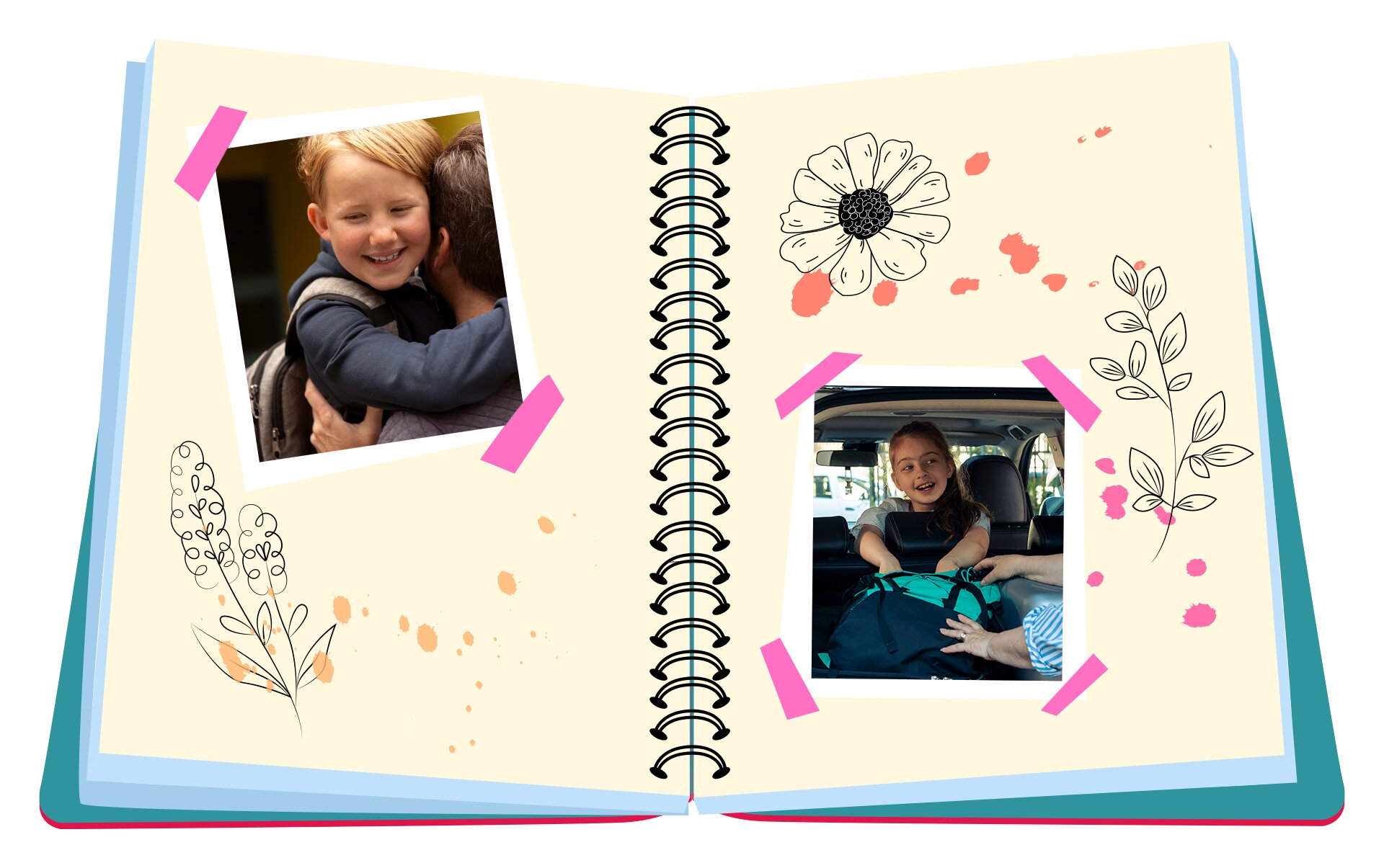 Ilustracja przedstawia otwarty notes z jasnożółtymi kartkami. Na stronie notesu po lewej widoczne jest wklejone zdjęcie uśmiechniętego małego chłopca trzymanego na rękach przez mężczyznę. Na stronie notesu po prawej widoczne jest wklejone zdjęcie uśmiechniętej dziewczynki siedzącej w samochodzie, która sięga do plecaka. Strony notatnika są ozdobione rysunkami kwiatów i listków. 