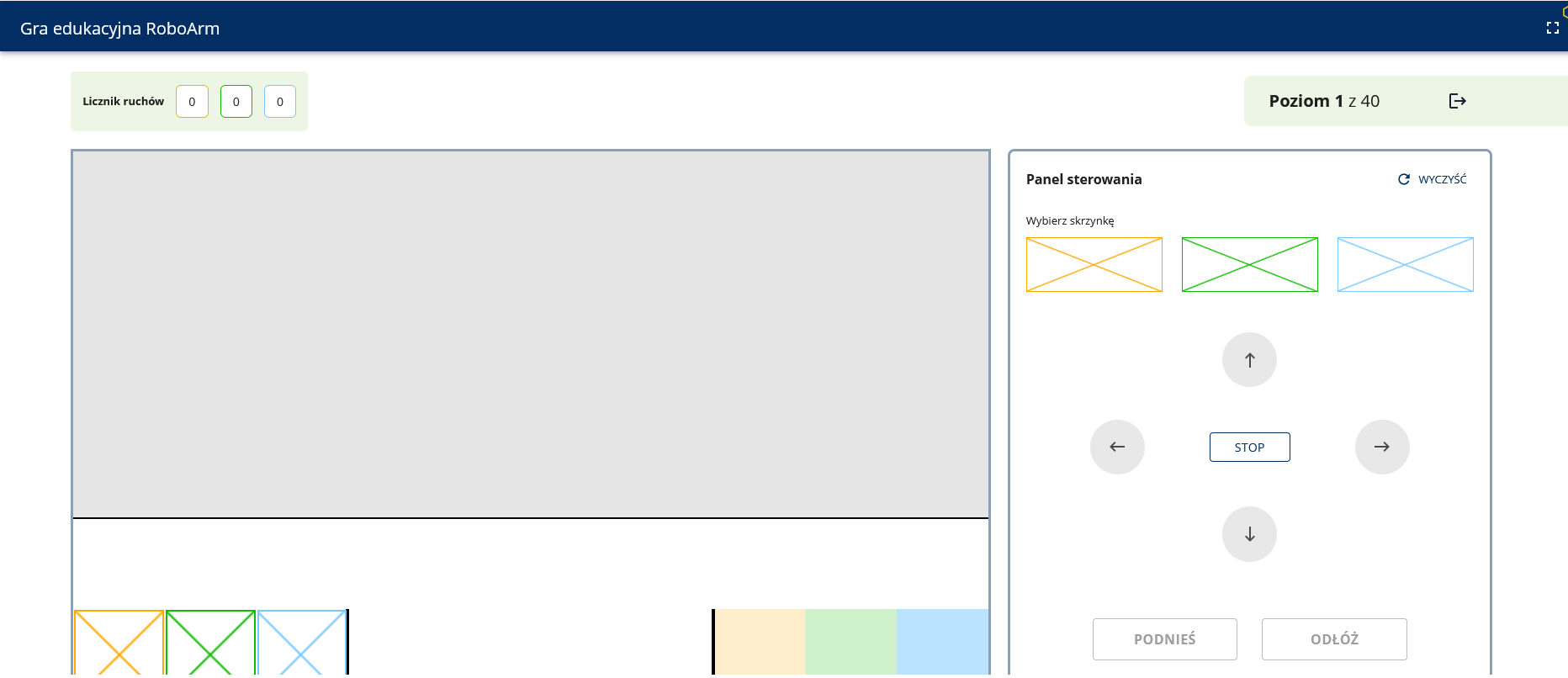 Grafika przedstawia przykładowe ćwiczenie gry edukacyjnej. Po lewej znajdują się elementy, które należy umieścić w odpowiednich miejscach za pomocą panelu sterowania widocznego po prawej stronie.