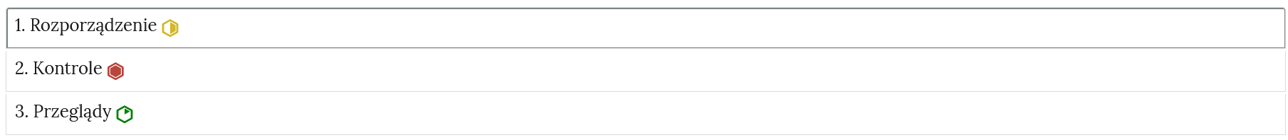 Ilustracja przedstawia przykładowy wygląd zakładek z interaktywnymi materiałami sprawdzającymi. Są to prostokątne belki ułożone jedna pod drugą. Belki opatrzone są numerem, tytułem oraz symbolem obrazującym poziom trudności.