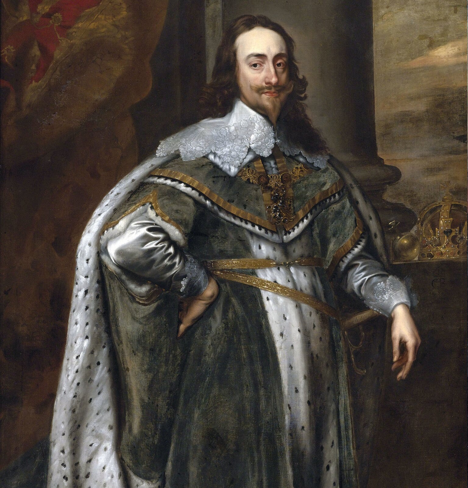 Ilustracja przedstawia portret mężczyzny w królewskim stroju. Ma długie włosy, wysokie czoło, pociągłą twarz oraz spiczastą bródkę. Po prawej stronie leżą insygnia władzy: jabłko oraz korona.