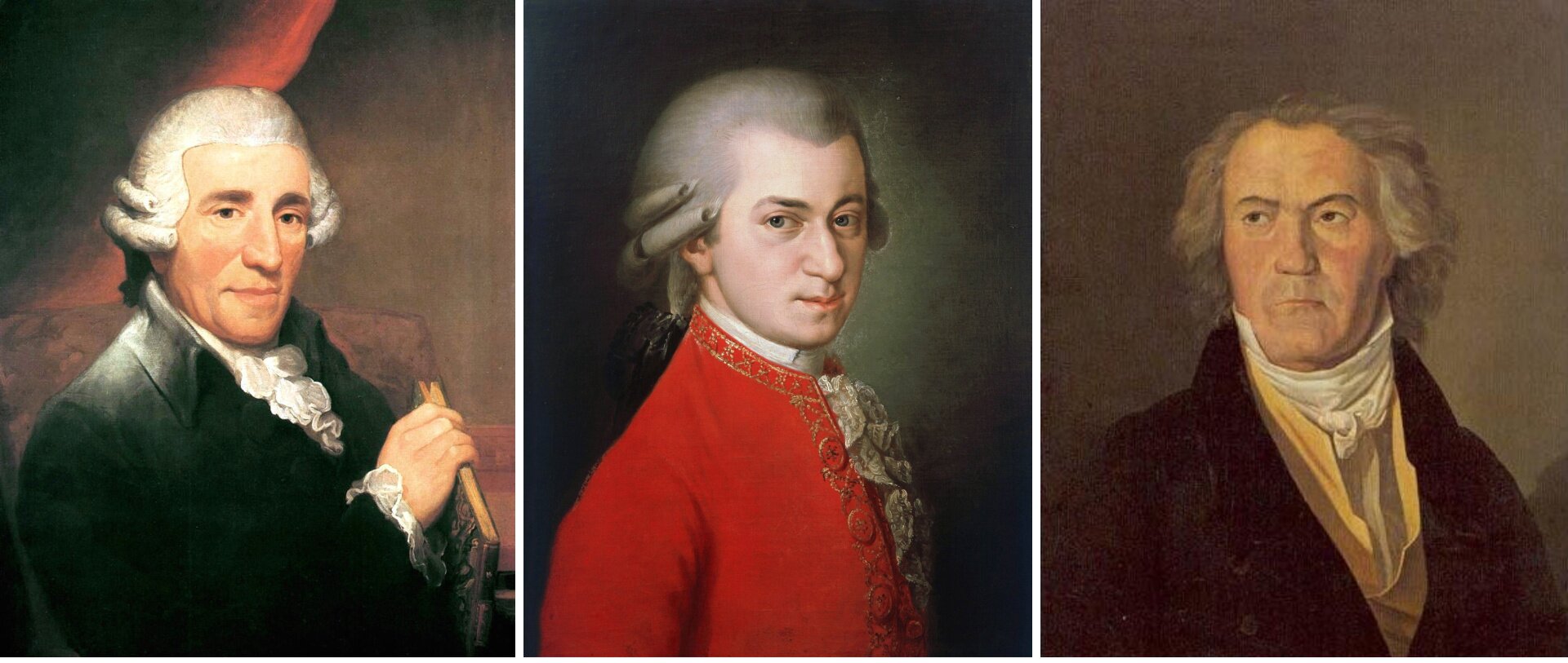 3 obrazy na każdym przedstawiony jeden z 3 klasyków wiedeńskich. Na pierwszym obrazie Joseph Haydn. Mężczyzna w średnim wieku, twarz pociągła, wyrazisty nos, wąskie usta, ciemne oczy. Na głowie biała peruka na wysokości ucha ułożone loki. Ubrany jest w białą koszulę z żabotem i ciemny surdut. W prawej ręce, pod lewym ramieniem trzyma książkę. Na drugim obrazie Wolfgang Amadeusz Mozart. Dość młody mężczyzna, raczej drobnej postury, twarz raczej pociągła, dość duży nos, wąskie usta, niebieskie oczy. Na głowie biała peruka, na wysokości ucha ułożone loki, z tyłu pozostałe włosy związane kokardą. Ubrany w białą koszulę z żabotem i czerwony surdut. Na trzecim obrazie Ludwig van Beethoven. Starszy mężczyzna, twarz raczej kwadratowa, wyraźnie zarysowana szczęka, wysokie czoło, ciemne oczy, smutne usta. Włosy siwe, średniej długości. Pod szyją biała apaszka, widoczne są też żółta kamizelka i brązowy surdut.