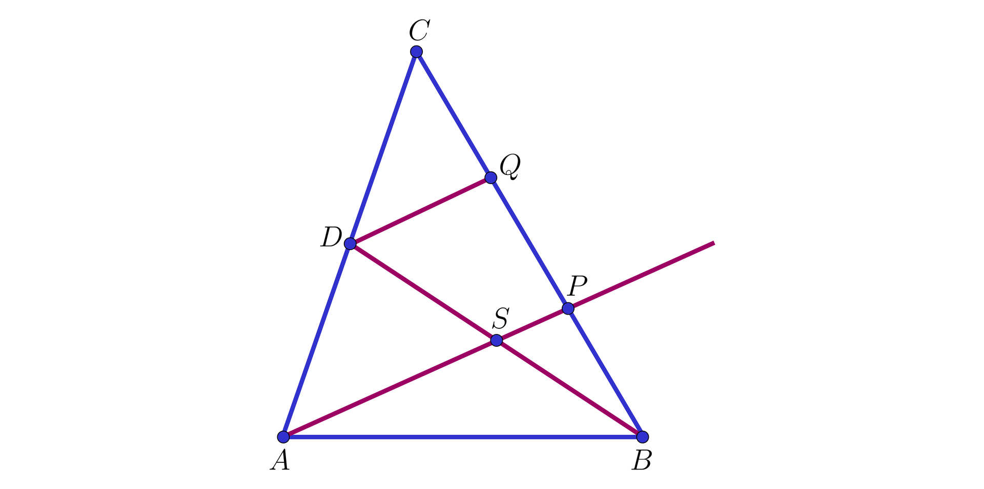 Na ilustracji przedstawiono trójkąt ABC. Zaznaczono punkt D na boku AC, oraz punkt Q na przeciwległym boku BC. Zaznaczono odcinek łączący wierzchołek B z punktem D, oraz odcinek łączący punkt D z punktem Q. Z wierzchołka A poprowadzono półprostą przecinającą odcinek BD w punkcie S, oraz bok BC w punkcie P.