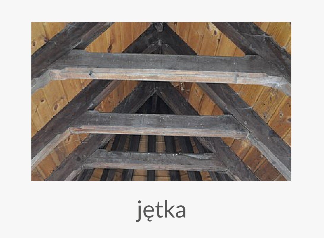 Zdjęcie przedstawia jętkę. Widoczna jest spodnia część dachu z konstrukcją z belek – krokwi, ułożonych w kształt odwróconej litery V, pomiędzy którymi przechodzi pozioma belka – jętka.

Opisy prezentowanych na grafikach obiektów są załączone w treści słownika.