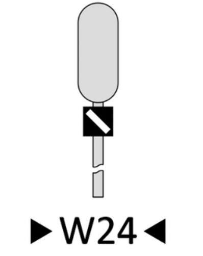 Wskaźnik wu dwadzieścia cztery. Czarna kwadratowa tablica, znajduje się w niej biały pas, który opada pod kątem ostrym z lewej strony na prawą.