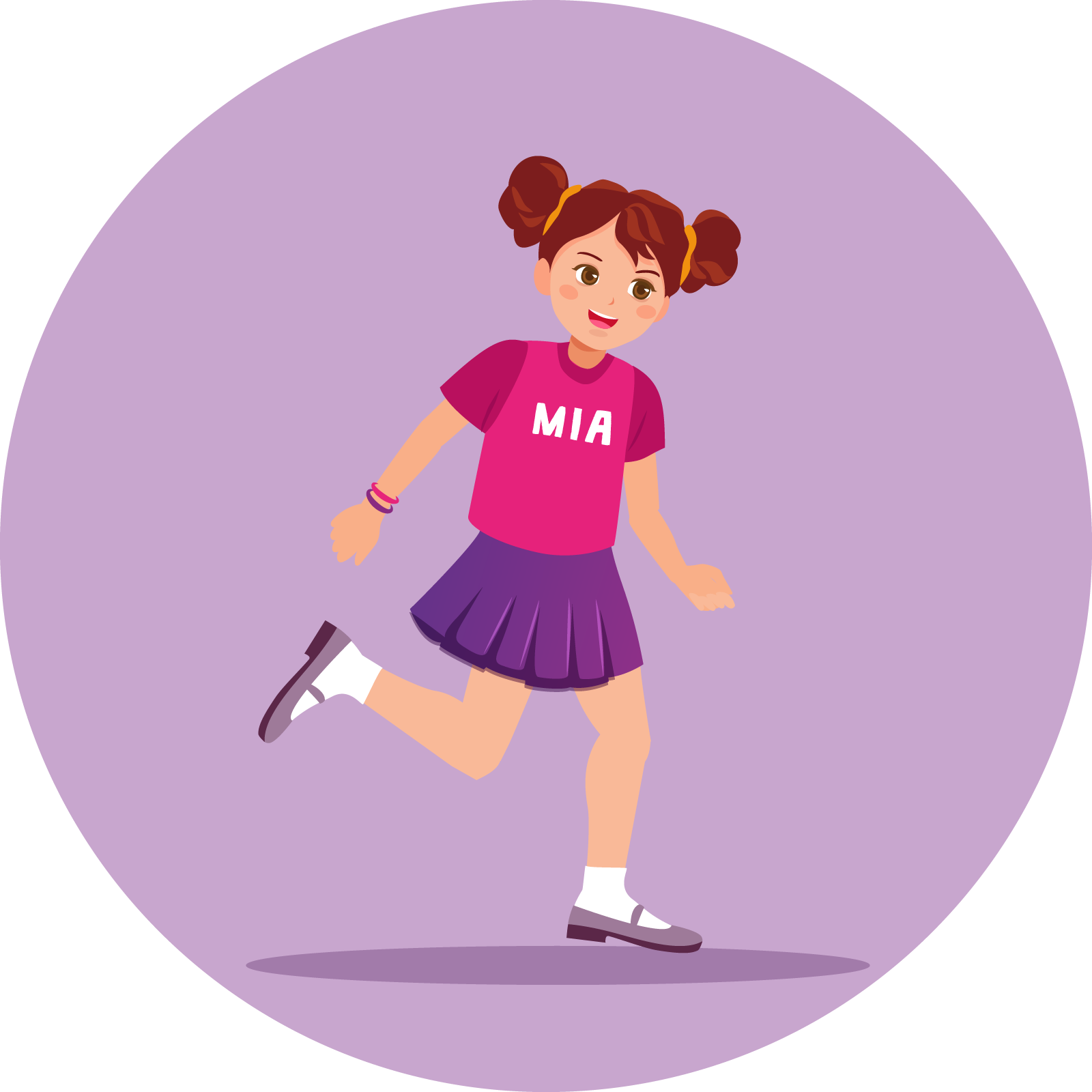 Ilustracja przedstawia dziewczynkę o imieniu  Mia , która biegnie. Ubrana jest w różową koszulkę i niebieską spódniczkę. 