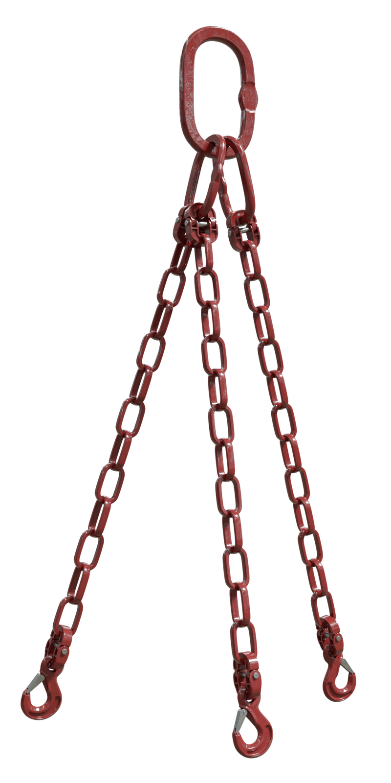 Na zdjęciu przedstawione jest zawiesie łańcuchowe trójcięgnowe zakończone z jednej strony hakami z zabezpieczeniami.Na zdjęciu widoczne są trzy zawiesia. Podstawą zawiesia jest łańcuch oczkowy. Górna część łańcucha jest przymocowana do ogniwa. Na lewym ogniwie zawieszone są dwa łańcuchy. Na prawym ogniwie jeden łańcuch. Dwa ogniwa są zaczepione do dużego ogniwa zbiorczego. W dolnej części każde z zawiesi jest zakończone hakiem. Hak wyposażony jest w zapadkę zamykającą ucho.