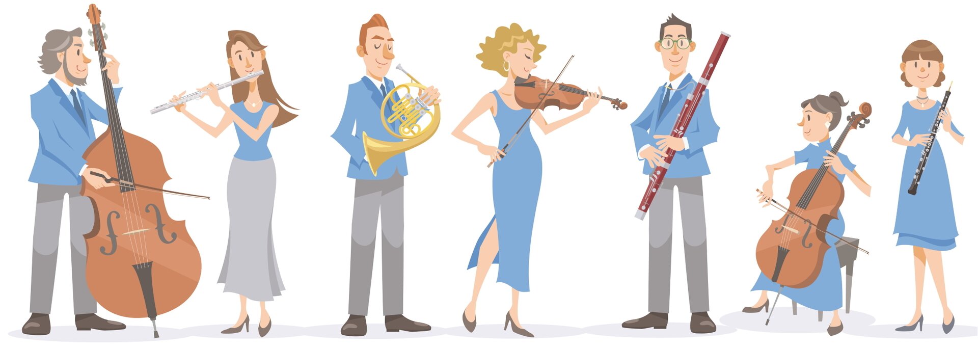 Ilustracja przedstawia grupę muzyków - trzech mężczyzn oraz cztery kobiety. Mężczyźni ubrani są w niebieskie marynarki i białe spodnie, kobiety ubrane są w niebieskie sukienki. Każdy z muzyków gra na innym instrumencie: Od lewej: Muzyk grający  na kontrabasie, następnie muzykantka grająca na flecie poprzecznym, muzyk grający na waltorni, kobietę grającą na skrzypcach/altówce, mężczyznę grającego na fagocie, kobietę grającą na wiolonczeli oraz kobietę grającą na klarnecie. 