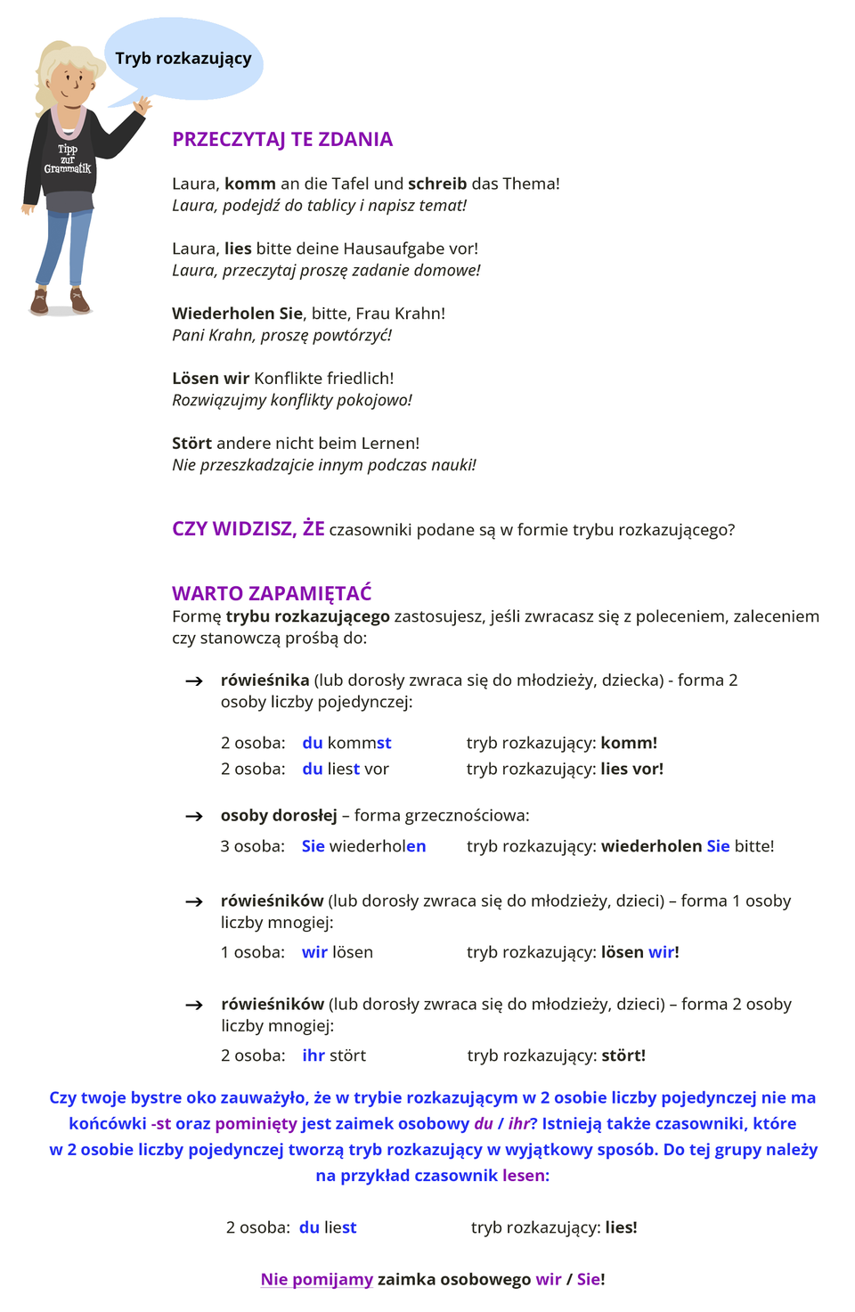 Ilustracja zawiera poradę językową.Grafika przedstawia dziewczynkę ubraną w czarną bluzę z napisem Tipp zur Grammatik oraz w niebieskie spodnie.Dziewczynka mówi: Tryb rozkazujący. Pozostałą część ilustracji stanowi tekst, którego treść wyświetla się w trybie dostępności.