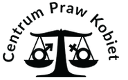 Ilustracja przedstawia logo Centrum Praw Kobiet. W centrum jest waga szalkowa. Na lewej jest kółko z strzałką - znak męski, na prawej kółko z krzyżykiem - znak kobiecy. Nad wagą jest półokrągły napis: Centrum Praw Kobiet.