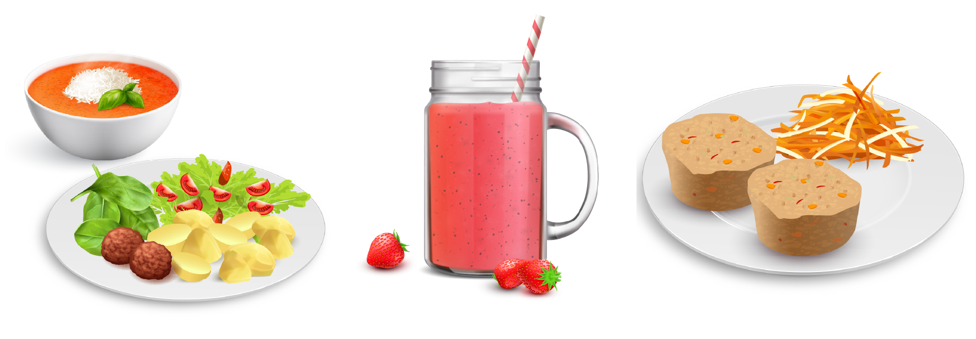 Grafika przedstawia przykładowe składniki diety łatwostrawnej z ograniczeniem substancji pobudzających wydzielanie soku żołądkowego. Od lewej widoczne są: biała miska z zupą pomidorową, startym białym serem i listkiem bazylii, poniżej biały talerz z sałatą z cząstkami pomidorów, ziemniakami, dwoma klopsikami. Na prawo szklanka z pionowym uchwytem z czerwono‑białą słomką wypełniona różową substancją. Na prawo biały talerz z dwoma cylindrycznymi jasnobrązowymi elementami i pociętymi na cienkie paski marchewką i kapustą.