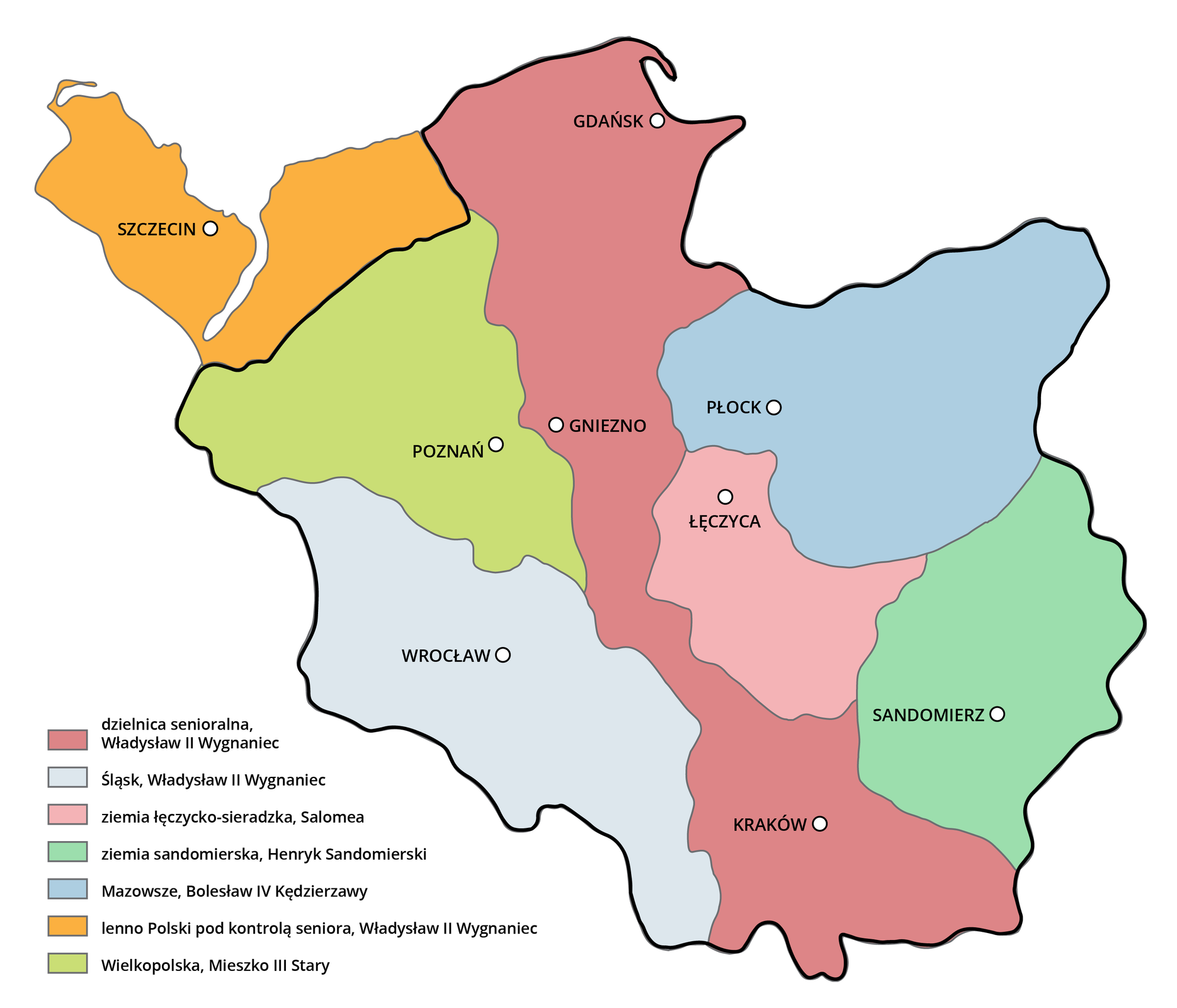 Ilustracja przedstawia rozbicie dzielnicowe ziem polskich. Podział terytoriów Bolesława III Krzywoustego po jego śmierci w 1138 r. Dzielnica senioralna Władysława II Wygnaniec rozciągała się niemal przez całe państwo od terenu obecnego Gdańska przez Gniezno i Kraków. Śląsk, Władysław II Wygnaniec: Zielona Góra, Leszno, Kalisz, Opole. Ziemia łęczycko-sieradzka, Salomea: okolice obecnej Łęczycy, Łodzi, zachodniej części Warszawy. Ziemia sandomierska, Henryk Sandomierski: Lublin, Rzeszów. Mazowsze, Bolesław IV Kędzierzawy: tereny Płocka, Włocławka, północnej części Warszawy po Olsztyn. Lenno Polski pod kontrolą seniora, Władysława II Wygnaniec: Koszalin, Szczecin. Wielkopolska, Mieszko III Stary: Poznań, Gorzów Wielkopolski, Piła.