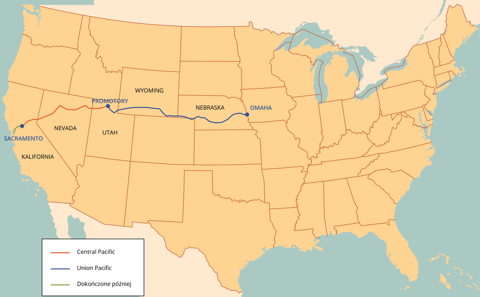 Mapa przedstawia drogę Pierwszej Kolei Transkontynentalnej oraz odcinki budowane przez różne przedsiębiorstwa. Odcinek zachodni z  Sacramento do zatoki San Francisco, odcinek centralny tzw. Central Pacific prowadzi  przez Nevadę, odcinek wschodni zwany Union Pacific prowadzi z Utah przez Wyoming, Nebraska, Omaha. Cała linia miała długość prawie 3,1 tys. km. 
