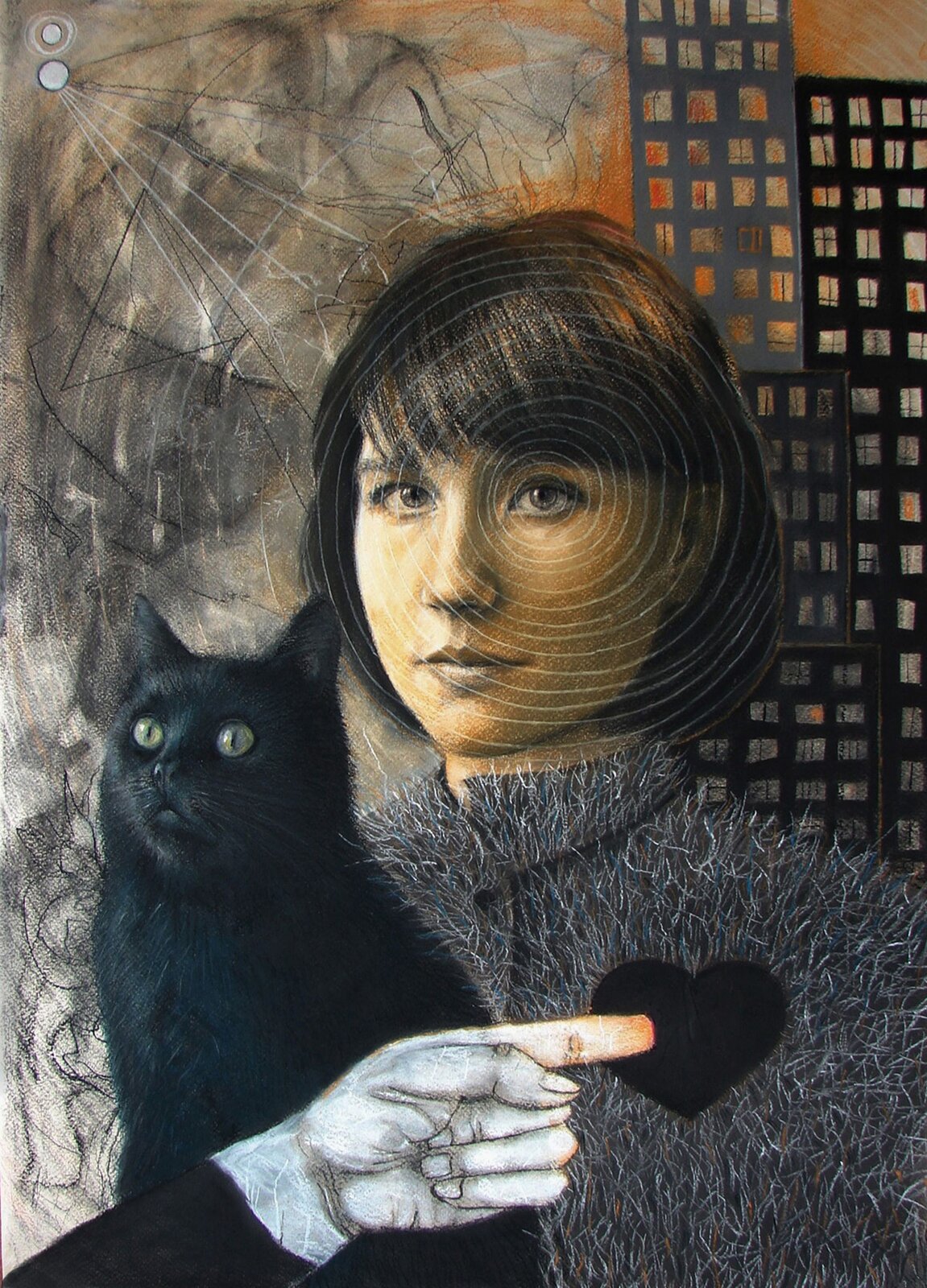 Ilustracja przedstawia obraz Ewy Bińczyk „Autoportret”. Ukazuje młodą dziewczynę o wyrazistych oczach i szczerym spojrzeniu na tle miejskiej zabudowy. Obok niej siedzi czarny kot z podniesioną głową i dużymi oczyma. Na piersi dziewczyny namalowane jest czarne serce, do którego skierowany jest palec wyciągniętej męskiej dłoni. Na twarzy dziewczyny wyrysowane są linie przypominające fale, które rozchodzą się od oka. Tło jest szaro-pomarańczowe z abstrakcyjnymi liniami.