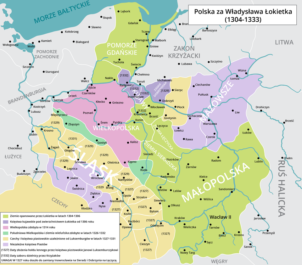 Mapa przedstawia Polskę za panowania Władysława Łokietka od 1304 do 1333 roku. Od 1304 do 1306 roku Łokietek przejął kontrolę nad Pomorzem Gdańskim, ziemią sieradzką i łęczycką oraz nad Małopolską. Od 1304 ziemia dobrzyńska i północne Kujawy znalazły się pod zwierzchnictwem Łokietka. W 1314 roku Łokietek przejął centralną Wielkopolskę. Od 1326 do 1332 roku przejął on południową Wielkopolskę i ziemię wieluńską. Od 132 do 1332 roku Czechy, śląskie księstwa piastowskie oraz obszar wokół Płocka były uzależnione od Luksemburgów.  Mazowsze oraz tereny południowo zachodniego Śląska stanowiły niezależne państwa piastowskie.  W 1329 roku Krzyżacy przejęli ziemię dobrzyńską, a w 1332 Kujawy. W 1327 roku nazwa Inowrocław została zmieniona na Sieradz, a Dobrzyń został zmieniony na Łęczycę. 