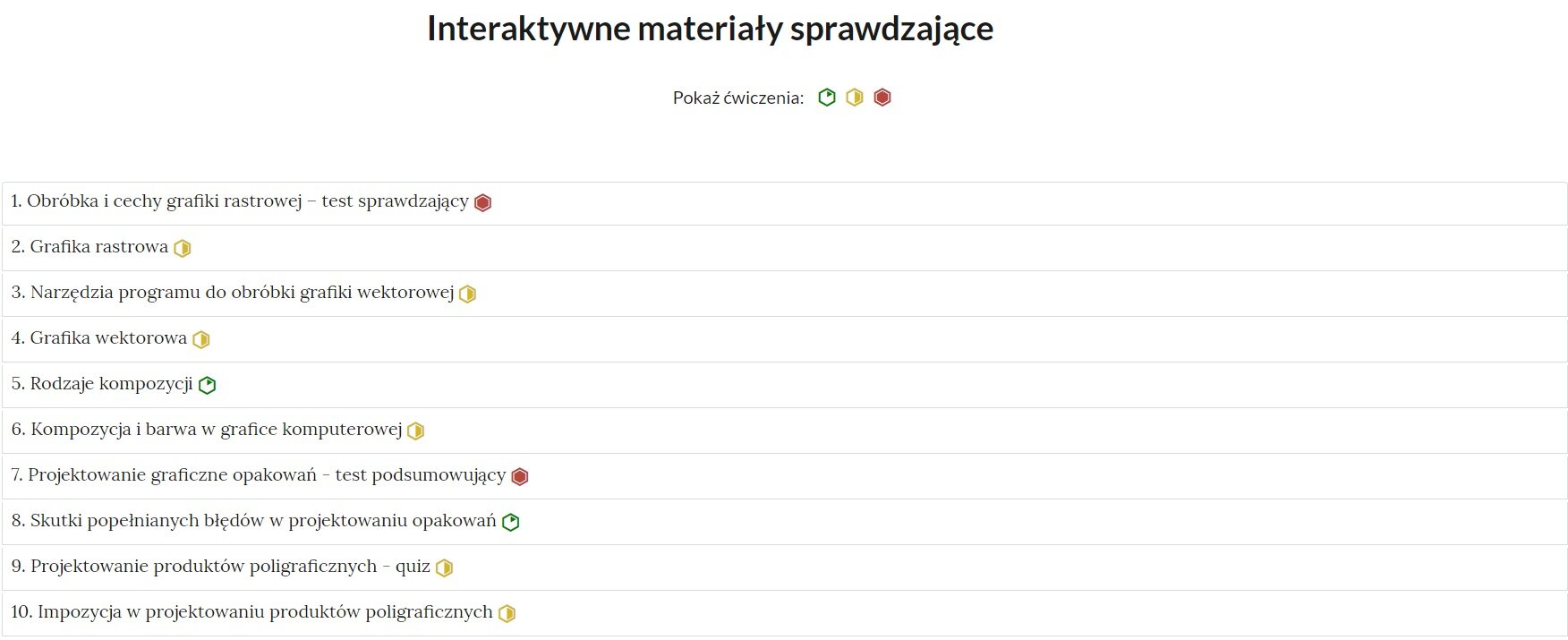 Grafika przedstawia widok interaktywnego materiału sprawdzającego, czyli zbioru poszczególnych zadań w formie listy z nazwami zadań, gdzie po kliknięciu w nazwę zadania pojawi się jego zawartość. Na liście, na prawo od nazwy każdego zadania widnieje ikonka informująca o poziomie trudności danego zadania.