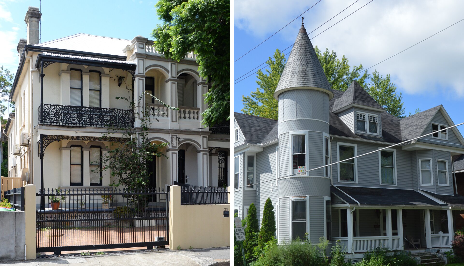 Kolaż przedstawia dwa zdjęcia obok siebie. Po lewej stronie znajduje się zdjęcie dwupiętrowego domu za ogrodzeniem i żelazną, przesuwaną bramą. Dom składa się z dwóch części. Po lewej przed oknami na drugim piętrze znajduje się balkon. Po prawej stronie budynku znajdują się wejścia do domu i balkonu z łukami. Po prawej znajduje się dom ze spadzistymi dachami z wieżą po lewej stronie i spadzistymi dachami.