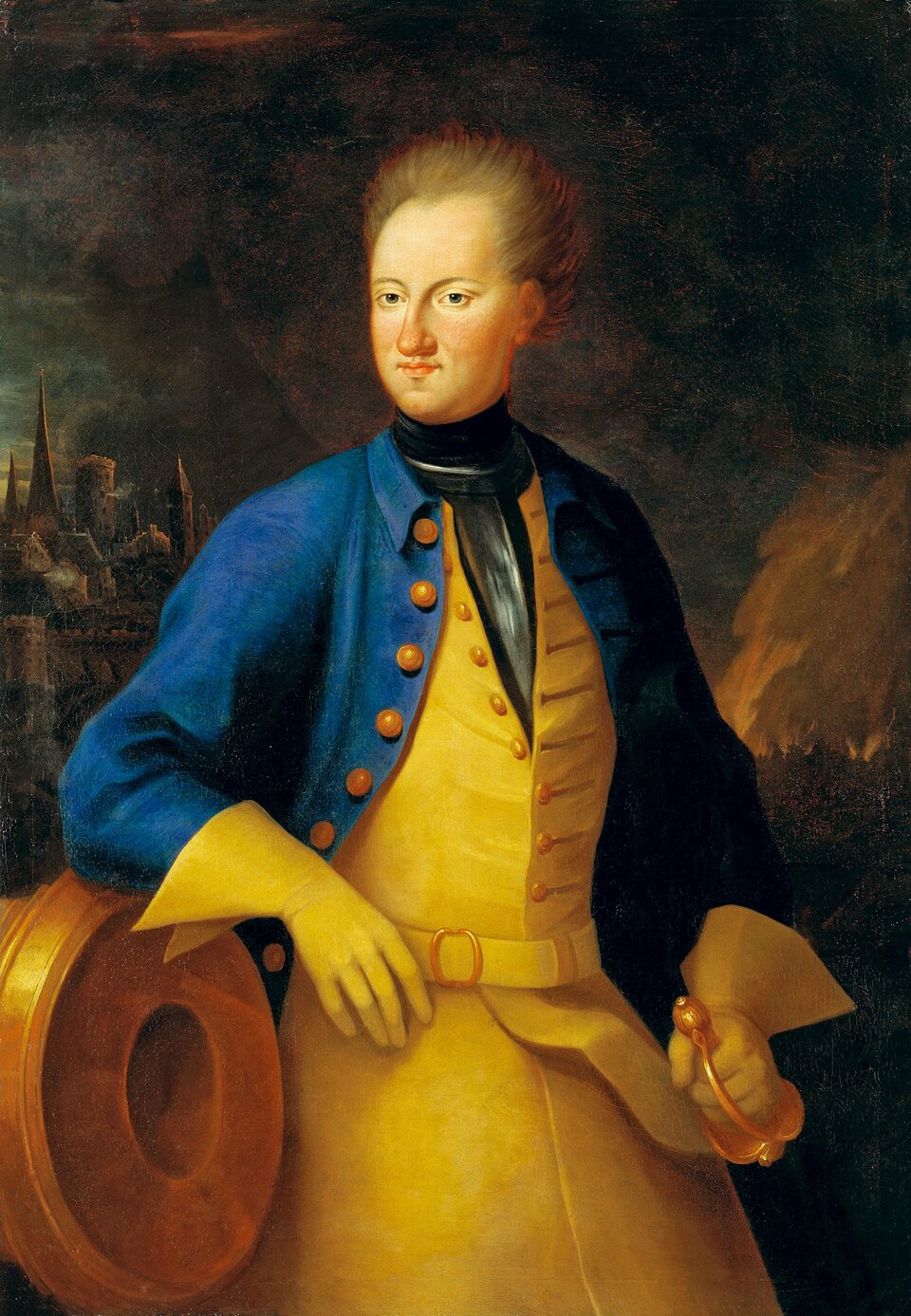 Obraz przedstawia portret młodego mężczyzny w mundurze. Mężczyzna ma pociągłą twarz, proste włosy zaczesane do tyłu. Lewą rękę wspiera na szabli przypiętej do pasa. Prawą ręką wspiera się o armatnią lufę. Za jego plecami widoczne są łuny pożarów, zburzone budynki.