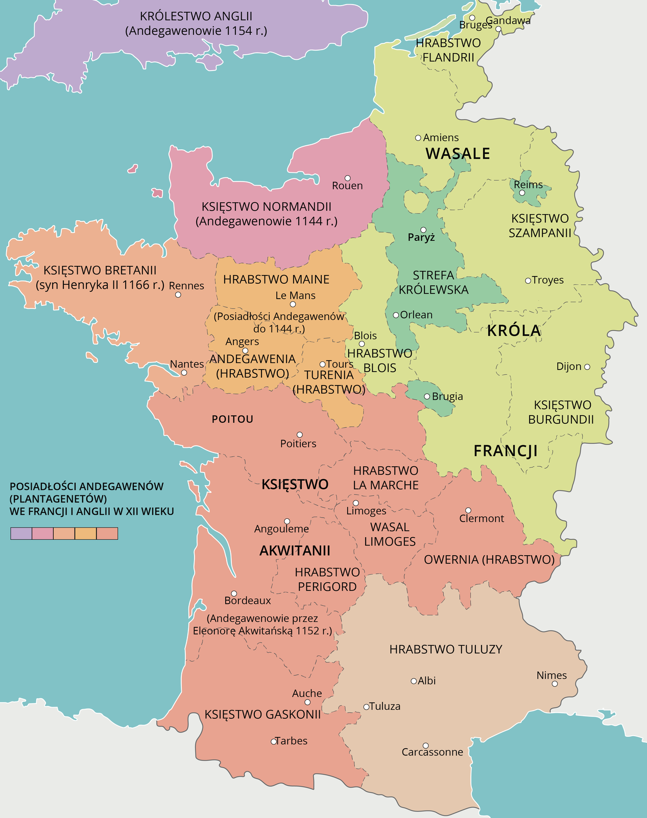 Mapa ukazująca podział Francji w połowie XII wieku. Strefa królewska obejmowała okolice Paryża i Orleanu oraz Brugii. Wasale Króla Francji: hrabstwo Flandrii, księstwo Szampanii, hrabstwo Blois, księstwo Burgundii. Posiadłości Andegawenów (Plantagenetów) we Francji i Anglii w XII wieku: królestwo Anglii (Andegawenowie 1154 rok), księstwo Normandii (Andegawenowie 1144 rok), księstwo Bretanii (syn Henryka II 1166 rok), Hrabstwo Maine, hrabstwo Andegawenia, hrabstwo Turenia (posiadłości Andegawenów do 1144 roku), księstwo Akwitanii i księstwo Gaskonii (Andegawenowie przez Eleonorę Akwitańską 1152 rok), hrabiostwo Tuluzy.