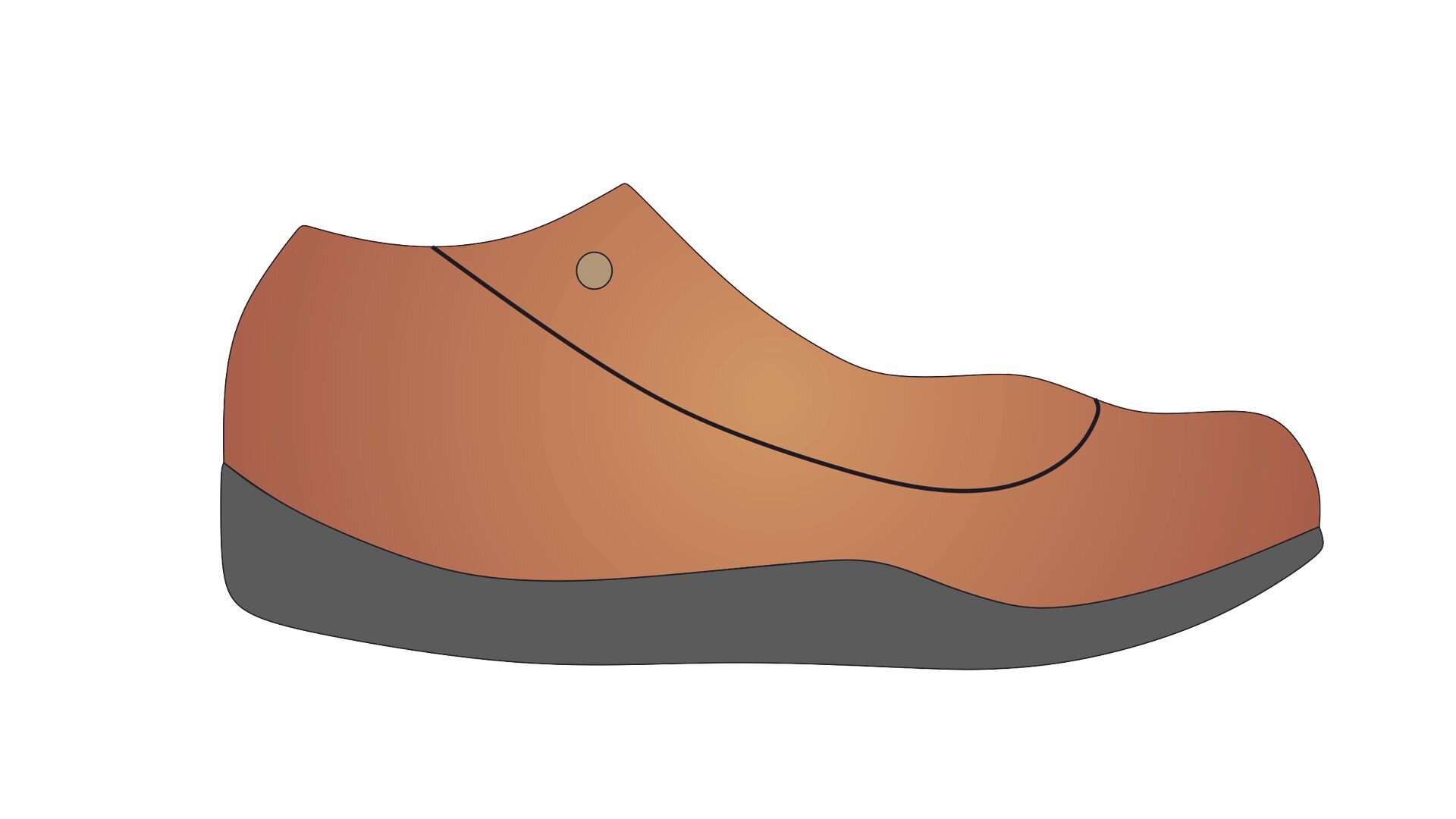 Grafika przedstawia budowę wkładki korkowej z kopytem klinowym dostosowanym do stopy płasko koślawej. Wkładka ma wyrobione miejsce na kość łódkowatą. 