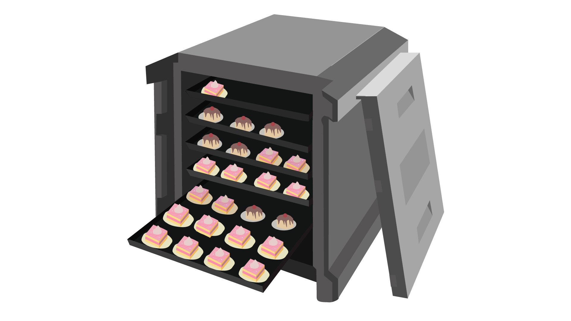 Grafika przedstawia poglądowo termoport gastronomiczny. Na grafice czarna skrzynia z półkami, po prawej opiera się o nią wieczko. Na półkach kawałki ciasta na talerzykach. Najniższa półka częściowo wysunięta.