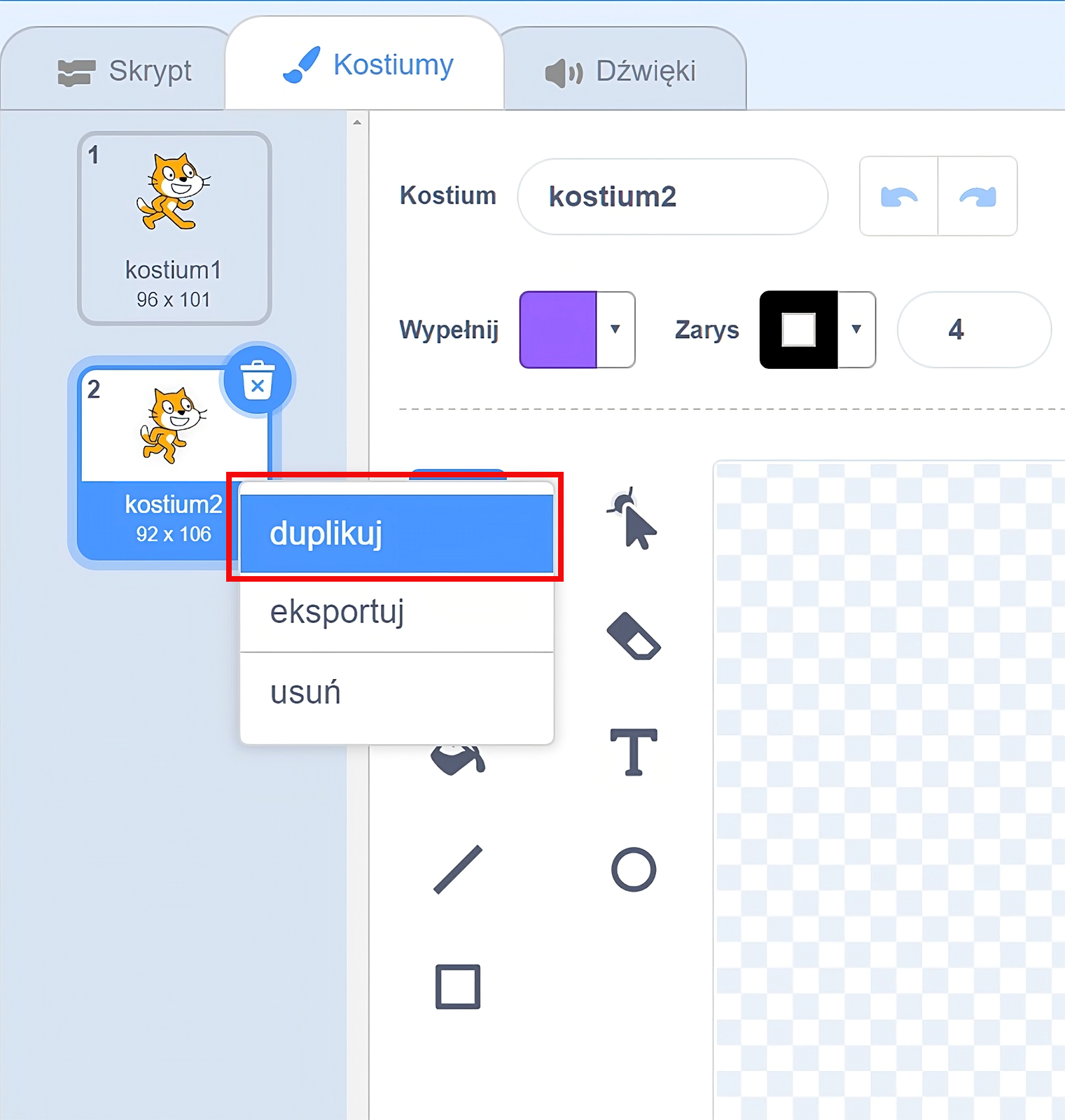 Na zdjęciu widoczna jest sposób duplikowania kostiumów w programie Scratch. W górnej części okna aplikacji znajduje się pasek narzędzi z zakładkami: skrypt, kostiumy, dźwięki. Opcja kostiumy jest zaznaczona. Po lewej stronie okna widoczna jest pionowe okno w którym umieszczone są dwie miniatury duszka. Duszek przedstawia kota. Na obu miniaturach duszek biegnie. Miniatury są podpisane duszek jeden i duszek dwa. Druga miniatura jest zaznaczona. Po naciśnięciu na drugiej miniaturze prawego przycisku myszy pojawia się okno dialogowe z opcjami: duplikuj, eksportuj, usuń. Opcja duplikuj jest zaznaczona i umieszczona w czerwonej ramce. 