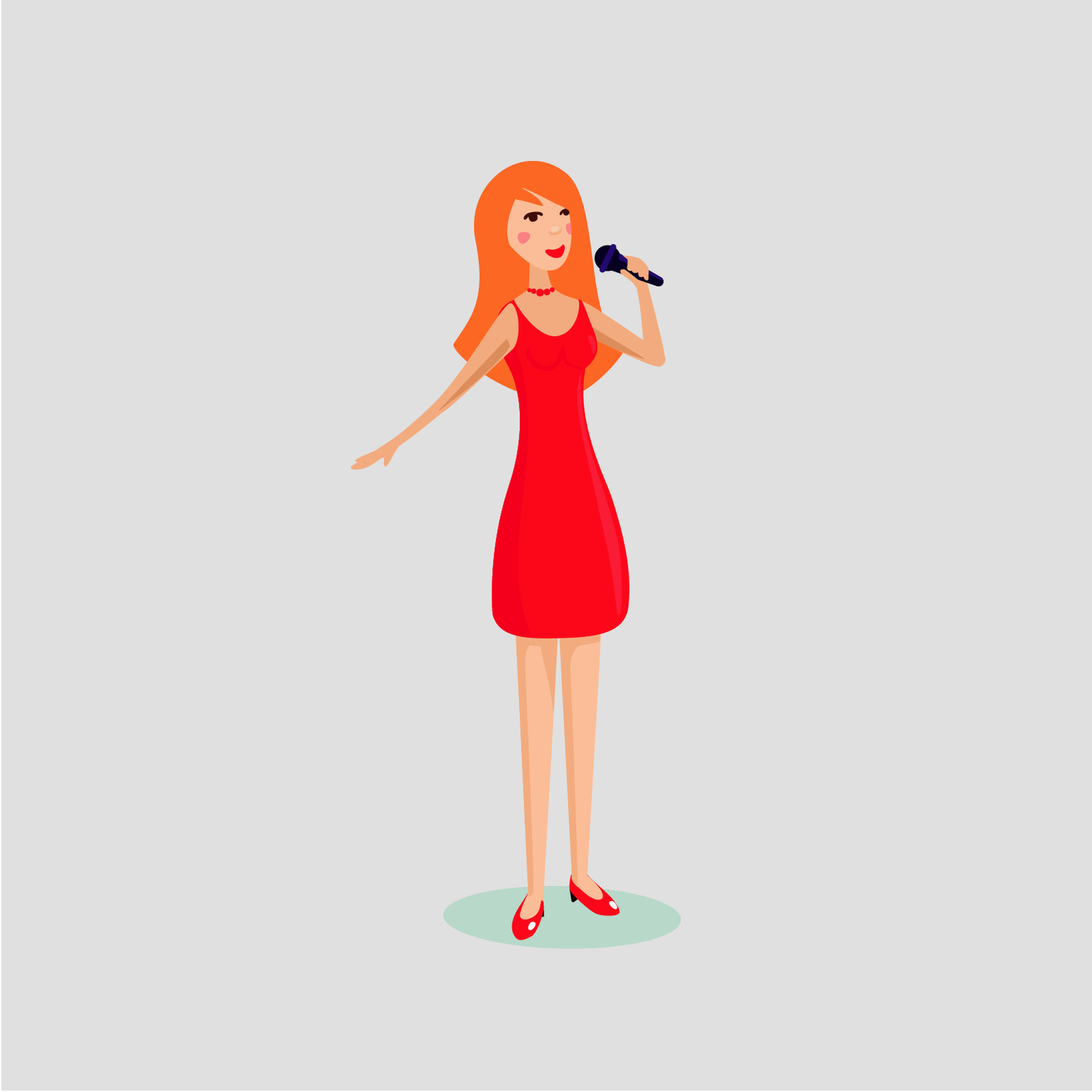 Ilustracja przedstawia piosenkarkę w czerwonej sukience, trzymającą mikrofon przy ustach. Piosenkarka śpiewa.