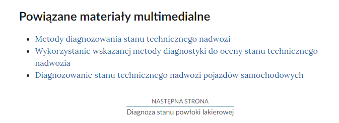 Przykładowy wygląd spisu powiązanych multimediów dla e‑materiału.