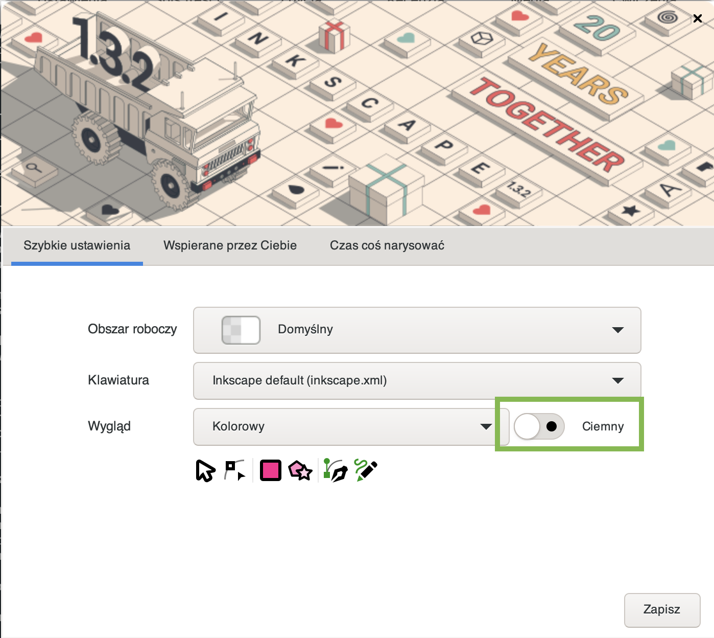 Grafika przedstawia okno szybkich ustawień, gdzie wybrać można obszar roboczy, klawiaturę oraz wygląd wraz z motywem interfejsu. W tym przypadku wybrany został motyw jasny, zatem tło programu ma kolor biały.