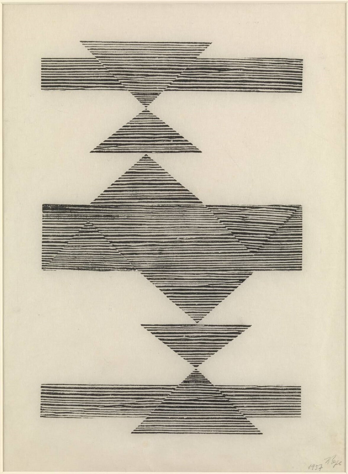 Praca autorstwa Lygii Pape pod tytułem „Tkactwo” przedstawia szare tło oraz umieszczone poziomo linie, które tworzą figury – prostokąty, trójkąty.