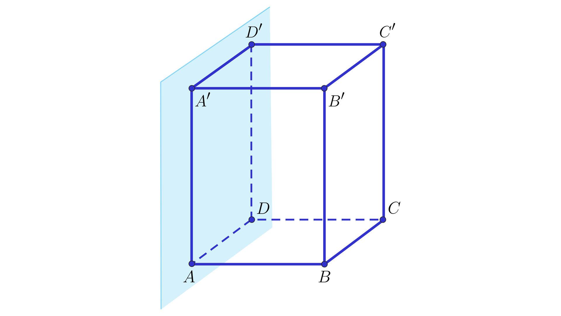 Grafika przedstawia prostopadłościan. Wierzchołki dolnej podstawy to: A, B, C D, a wierzchołki górnej podstawy to A', B', C', D'. Ściana A, A', D, D' jest częścią płaszczyzny.