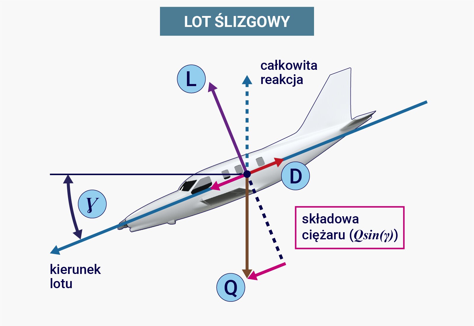 Ilustracja przedstawia lot ślizgowy samolotu. Schematycznie ukazano samolot, którego przód znajduje się po lewej stronie, zaś tył po prawej stronie. W kierunku obserwatora skierowane jest lewe skrzydło. Zaznaczono wektory opisane jako kierunek lotu, co reprezentuje pozioma strzałka skierowana w lewą stronę poprowadzona od środka ciężkości samolotu, częściowo pokrywająca się z nią strzałka odpowiadająca ciągowi samolotu T. Dalej reprezentowany przez poziomą strzałkę skierowaną prawą stronę opór samolotu D oraz ciężar Q, któremu odpowiada strzałka skierowana w dół. Ponadto na rysunku zaznaczono wektor reprezentowany przez strzałkę wychodzącą ze środka ciężkości i skierowaną do góry, prostopadle, między innymi do wektorów T i D, co odpowiada sile nośnej L. Siła nośna równoważona jest przez siłę ciężkości.