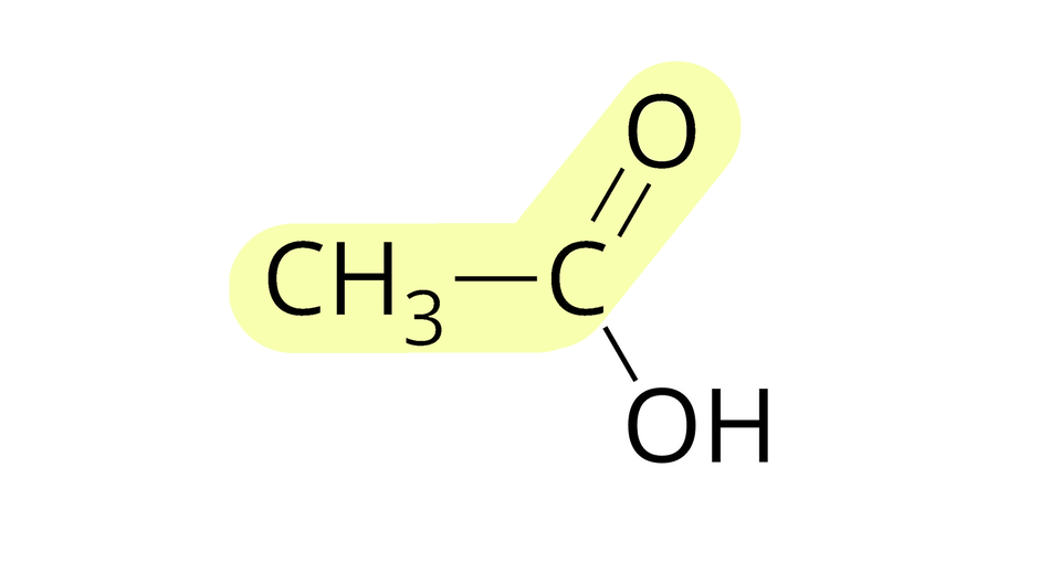 Na ilustracji ukazano wzór półstrukturalny kwasu etanowego. Od grupy C H indeks dolny, trzy, koniec indeksu dolnego odchodzi wiązanie pojedyncze w prawo do atomu węgla C. Od niego odchodzą dwa wiązania: podwójne na ukos w górę do atomu tlenu O i pojedyncze na ukos w dół do grupy O H. Grupę C H indeks dolny, trzy, koniec indeksu dolnego, C H indeks dolny, dwa, koniec indeksu dolnego, atom węgla i atom tlenu oznaczono kolorem żółtym.