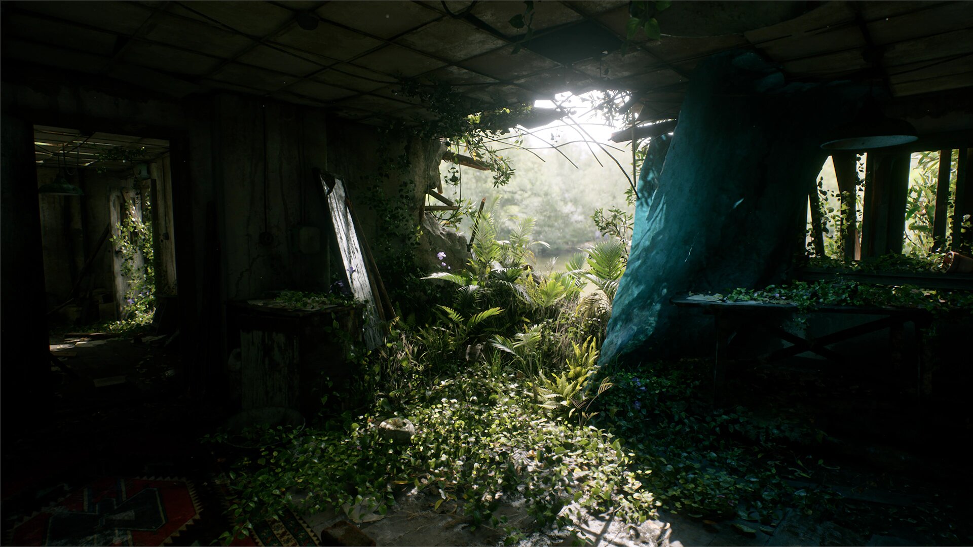 Grafika przedstawia rozpadający się dom. W budynku rosną rośliny takie jak bluszcz czy paprocie. Ściana budynku ma dziurę o średnicy wysokości ściany. Okna pozbawione są szyb. Przez dziurę widać drzewa rosnące wokół domu. Grafika jest bardzo realistyczna, wygląda jak zdjęcie.