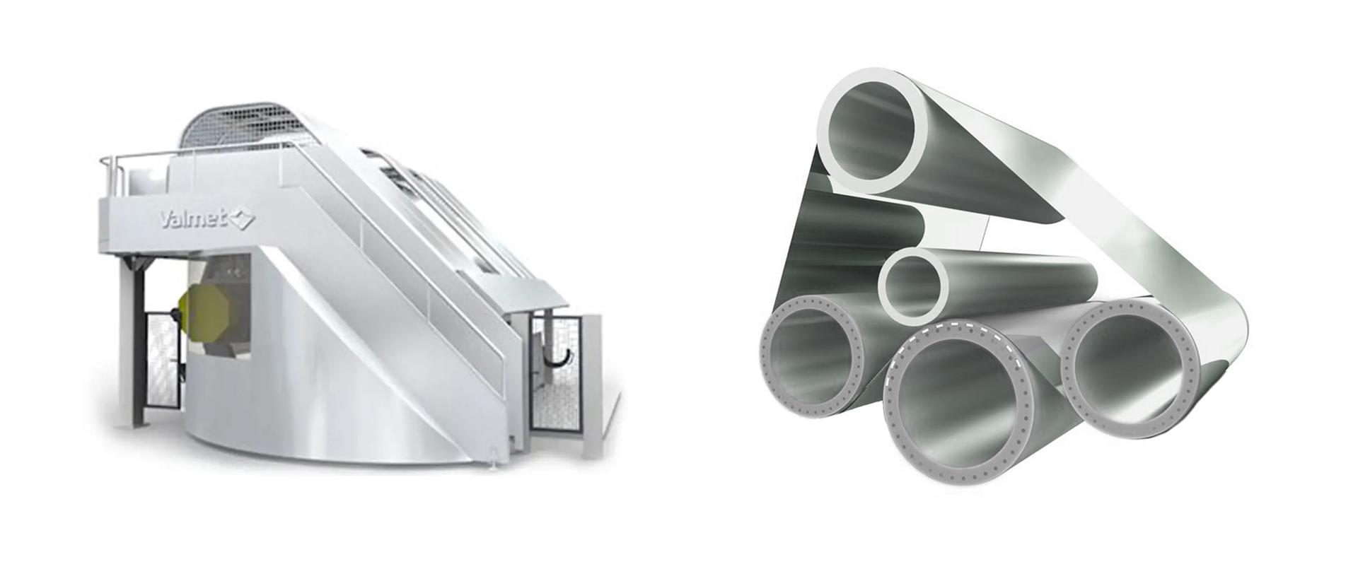 Grafika przedstawia softkalander. Po lewej stronie widoczne jest całe urządzenie, w którym zabudowano układ walców służących do wygładzania papieru. Po prawej stronie ukazano pięć walców o różnych przekrojach.