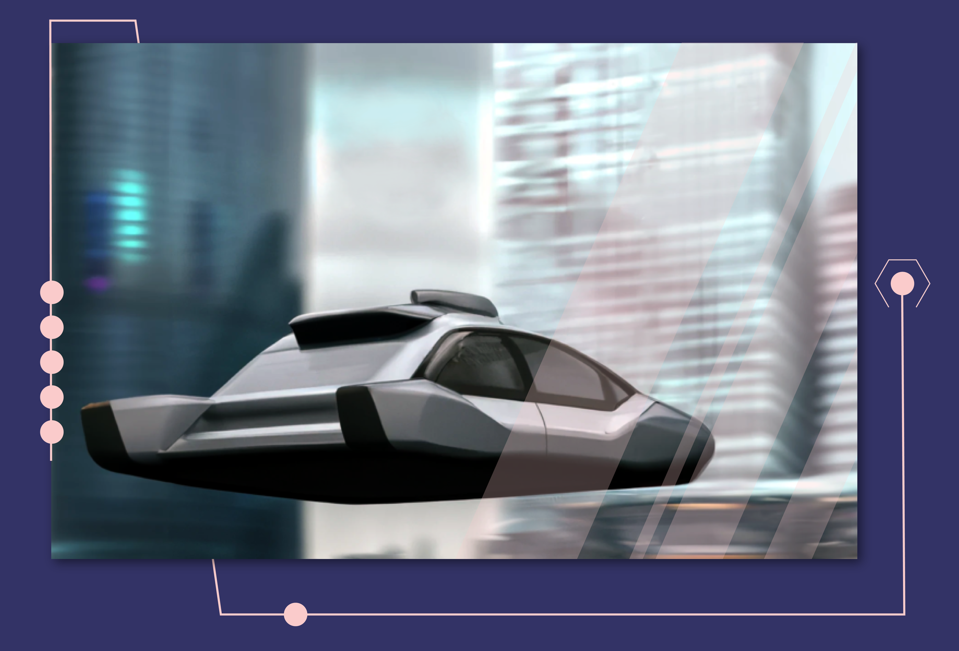 Ilustracja przedstawia latający samochód bez kół.